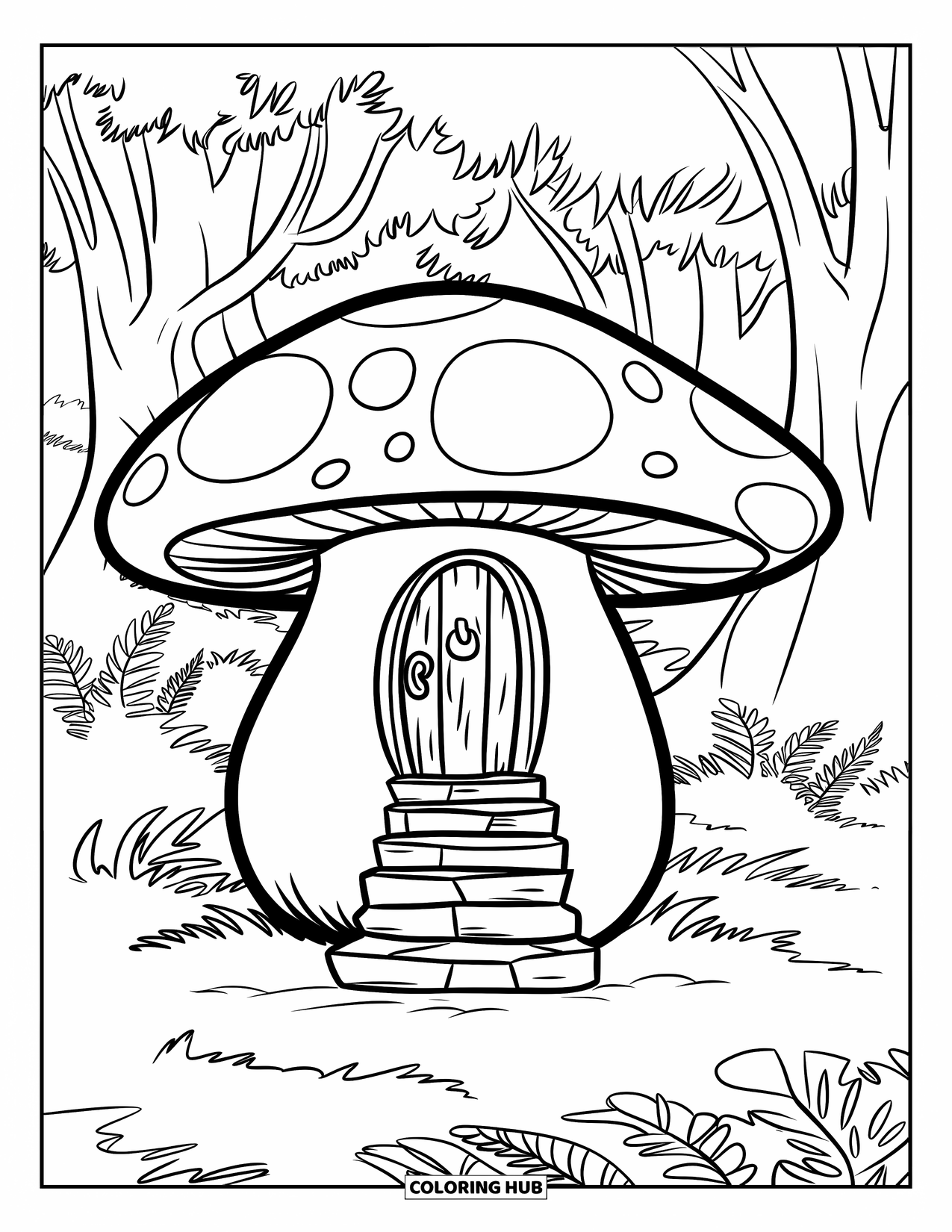 Desen de colorat cu ciuperci pentru copii: O ciupercă cu o ușă în partea de sus a unei scări