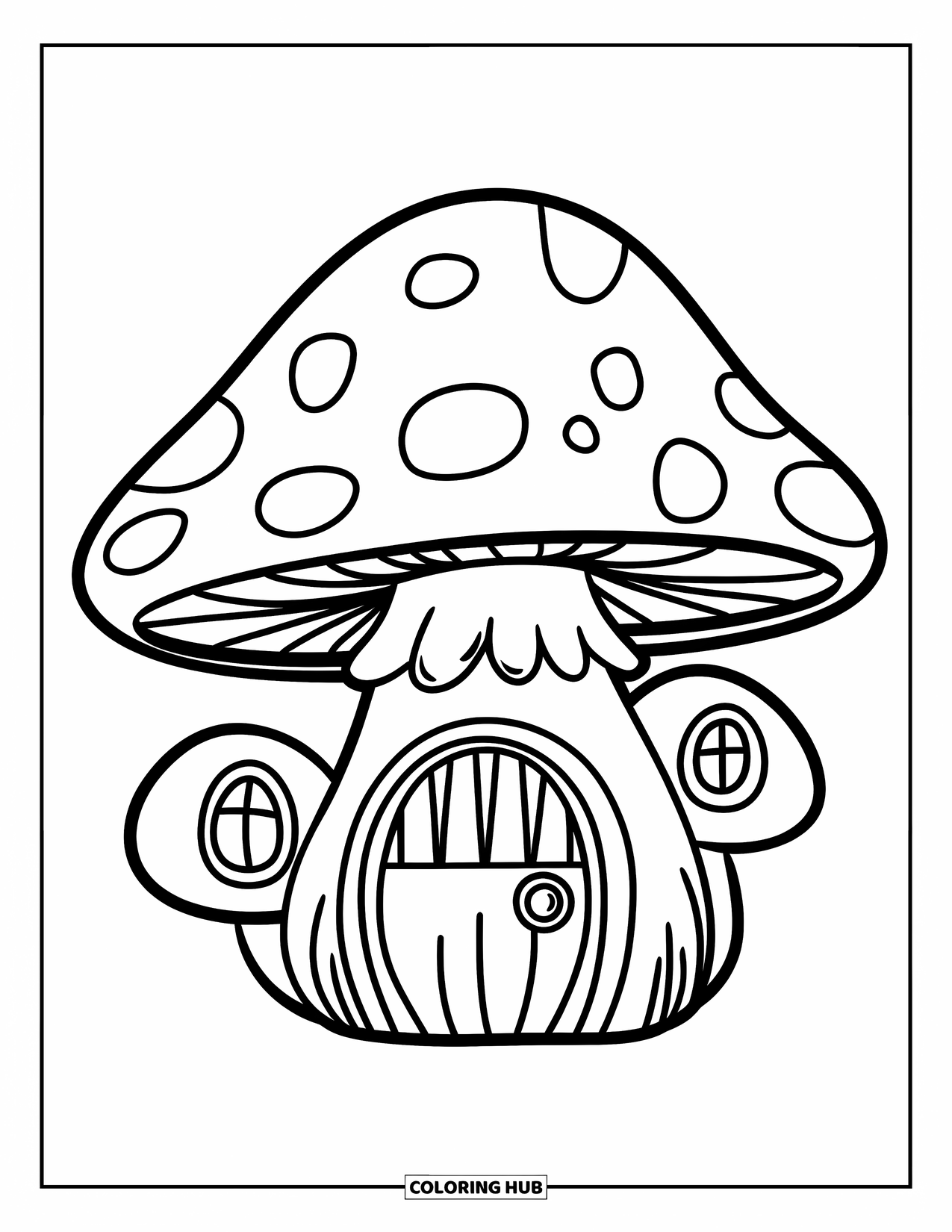 Desen de colorat cu ciuperci pentru copii: O ciupercă cu o ușă de zână și două ferestre mici