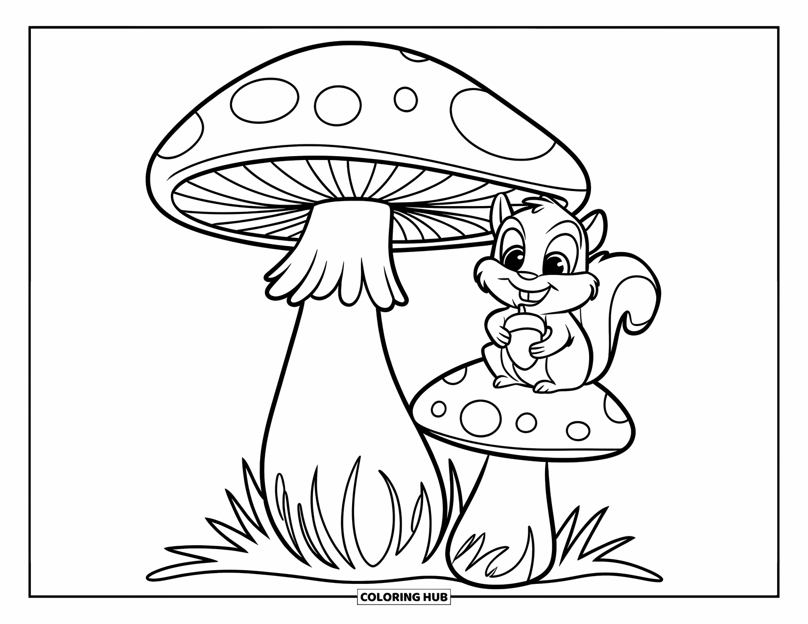 Desen de colorat cu ciuperci pentru copii: O ciupercă cu o veveriță fericită ținând o ghindă