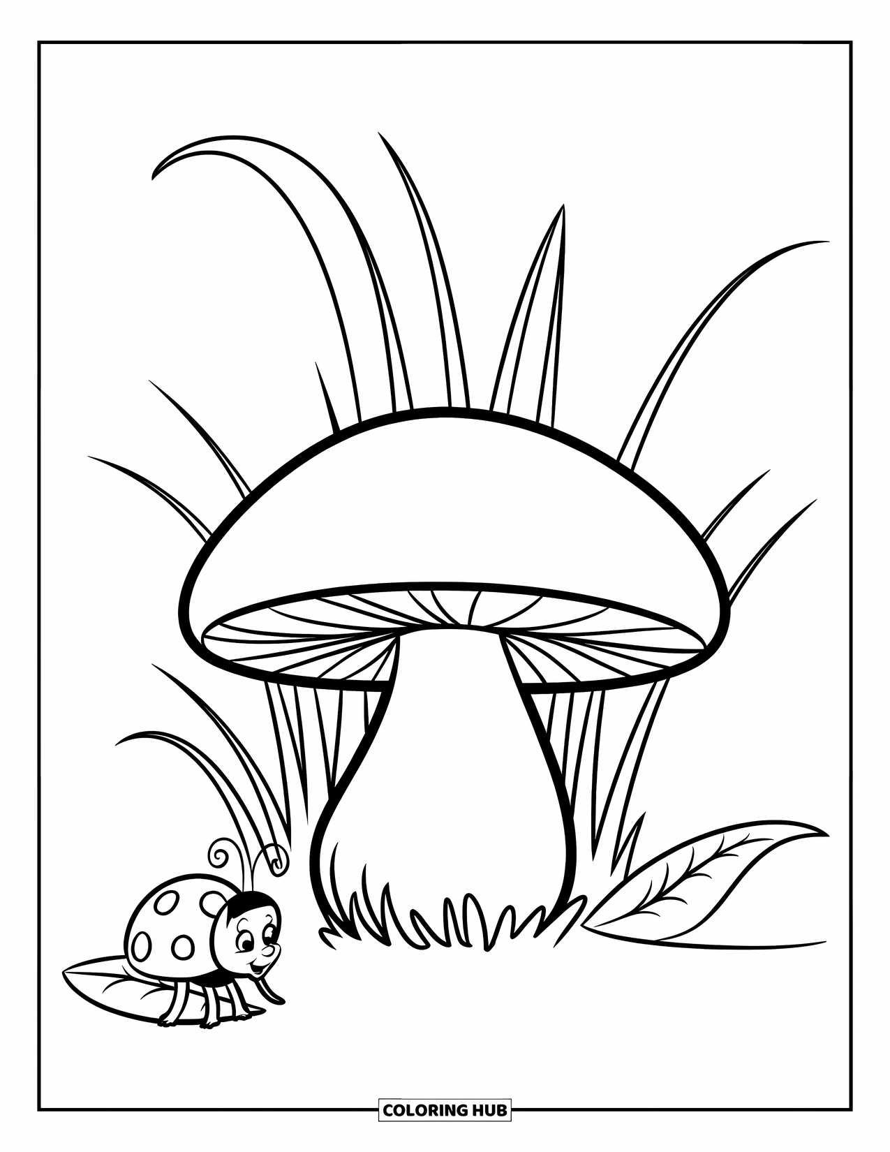 Desen de colorat cu ciuperci pentru copii: O ciupercă cu o buburuză și iarbă înaltă în jur