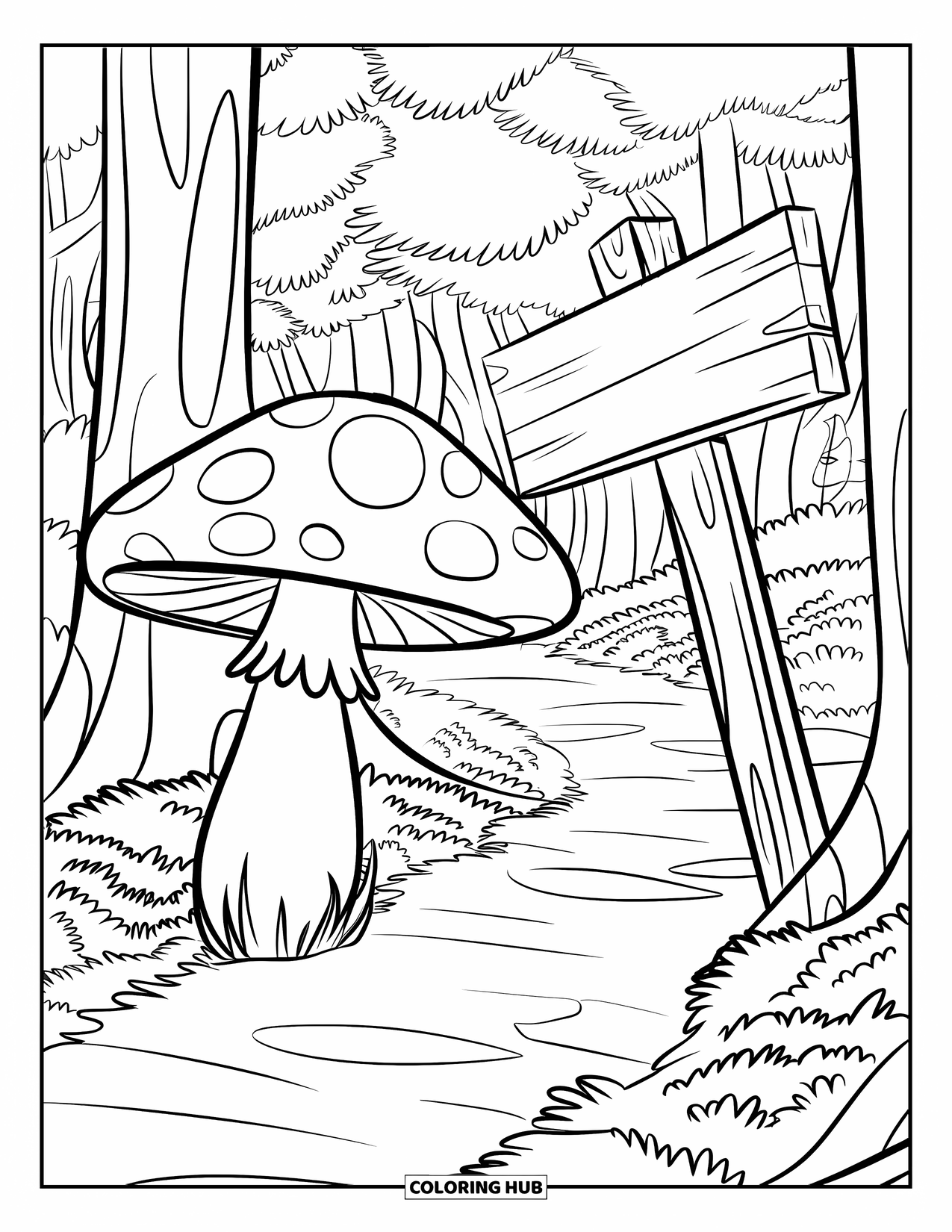 Desen de colorat cu ciuperci pentru copii: O ciupercă cu un indicator pe care scrie "Potecă Ascunsă"