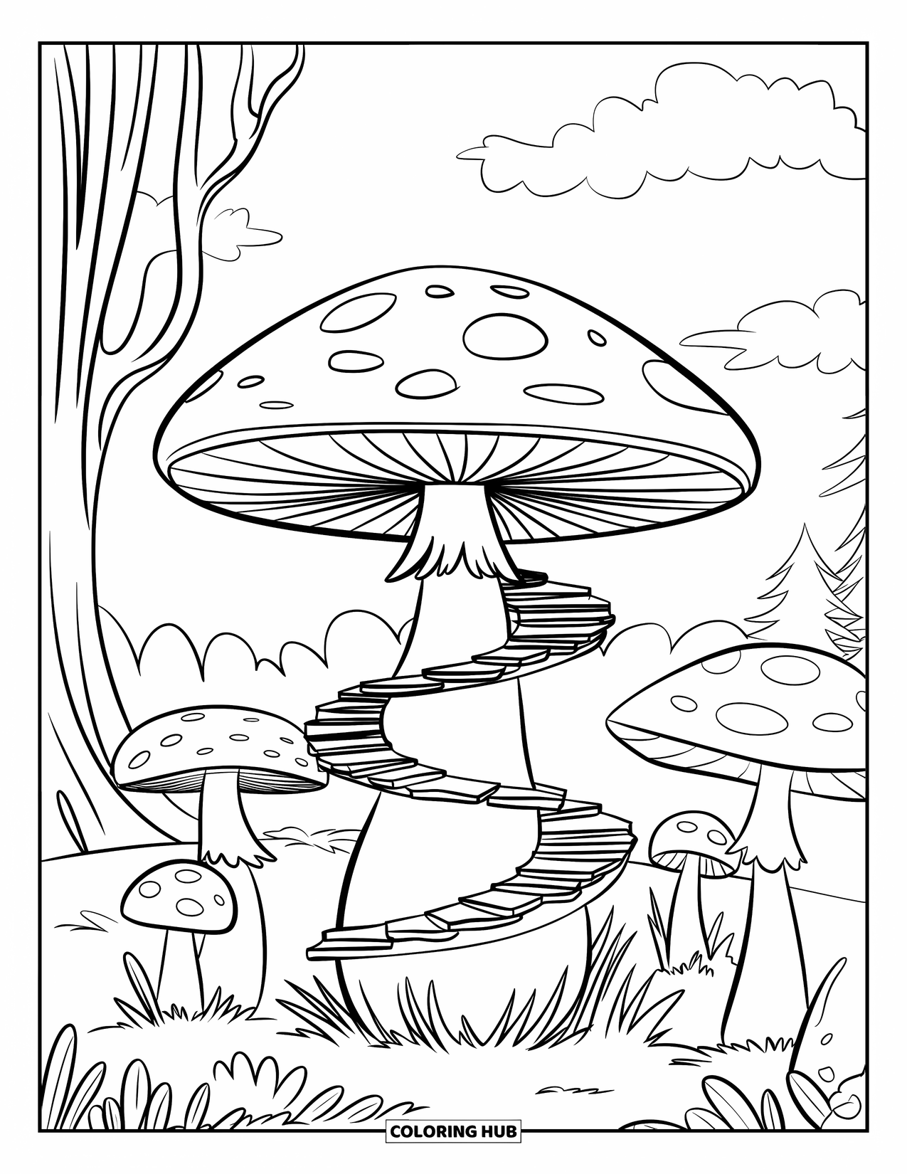 Desen de colorat cu ciuperci pentru copii: O ciupercă cu o scară spiralată în jurul tulpinii sale