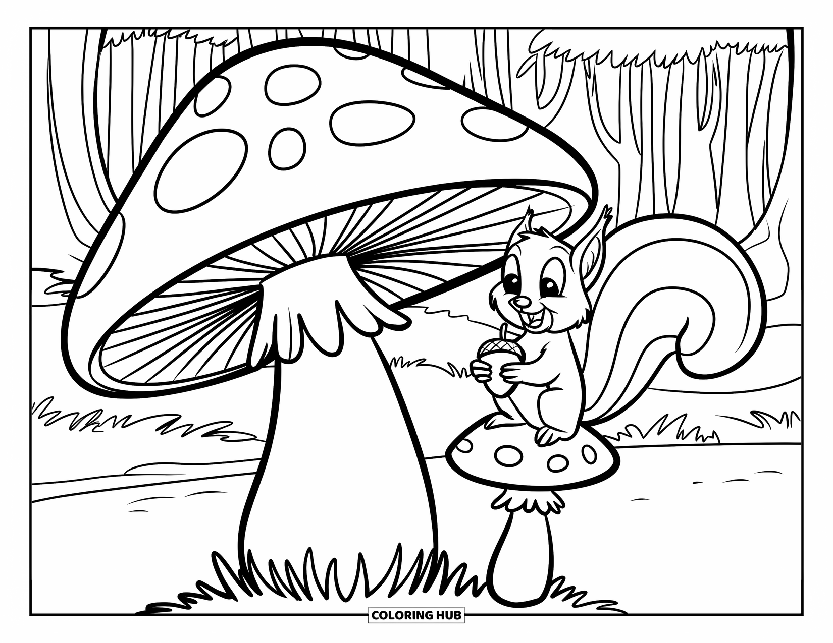 Desen de colorat cu ciuperci pentru copii: O ciupercă cu o veveriță și o ghindă în apropiere