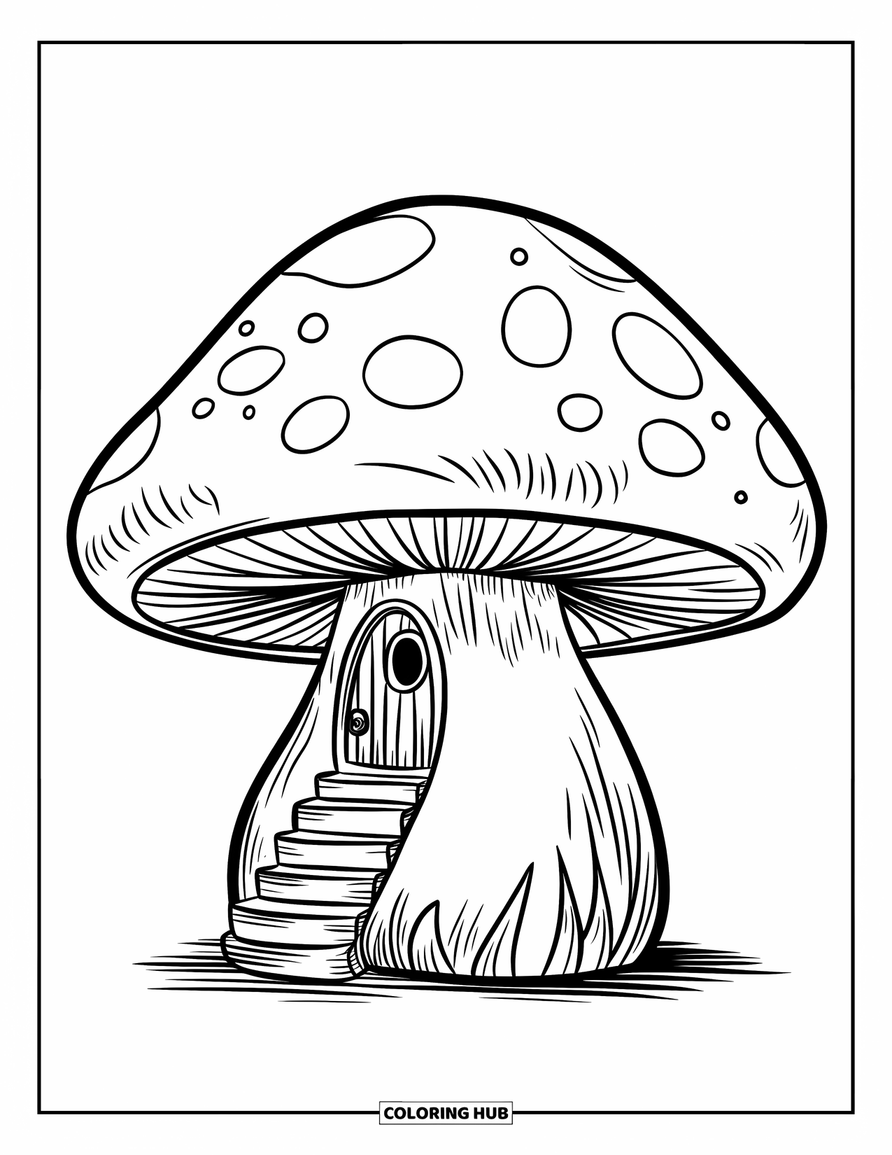 Desen de colorat cu ciuperci pentru copii: O ciupercă cu o scară și o mică ușă ascunsă