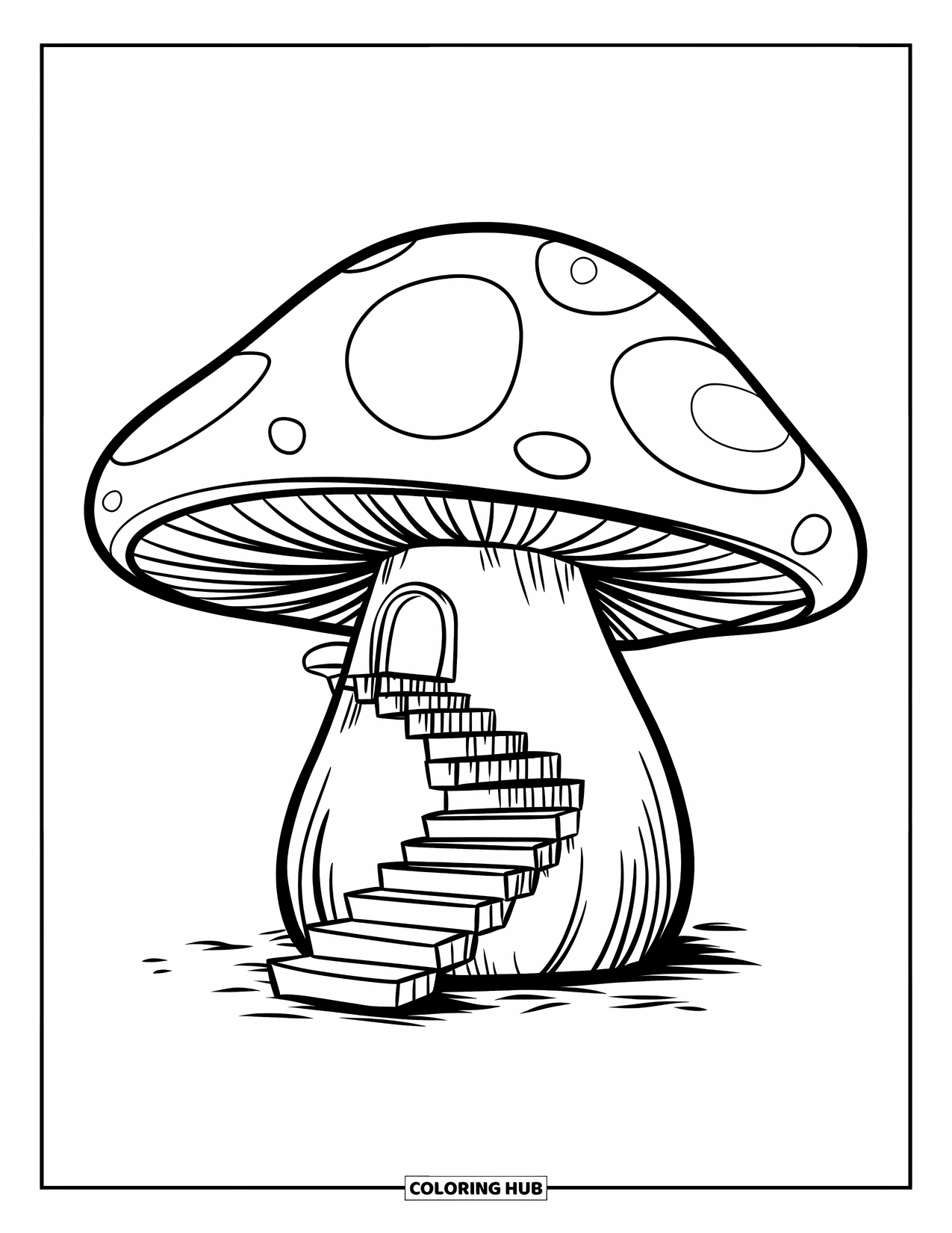 Desen de colorat cu ciuperci pentru copii: O ciupercă cu o scară care duce la o ușă ascunsă