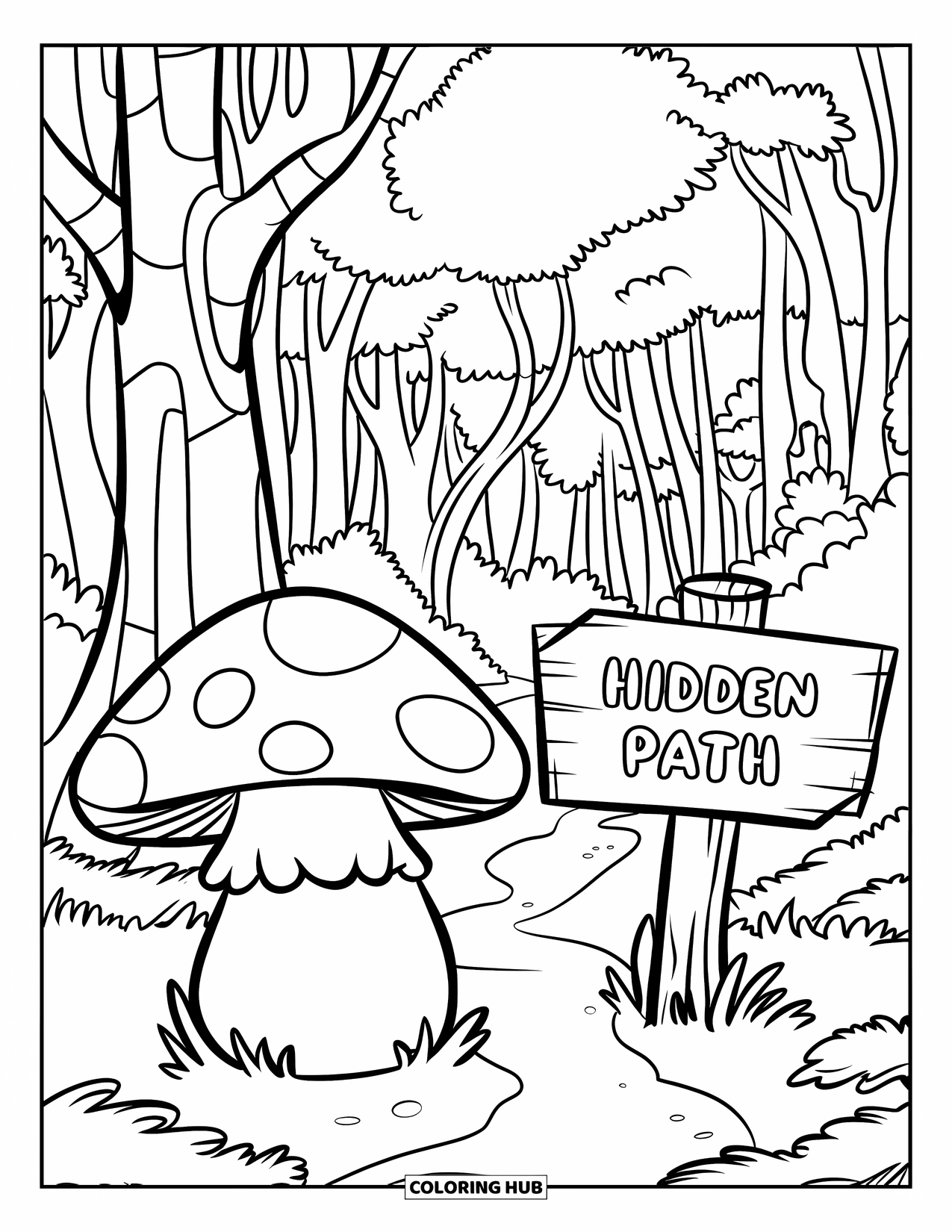 Desen de colorat cu ciuperci pentru copii: O ciupercă cu un indicator de lemn care arată spre o potecă ascunsă