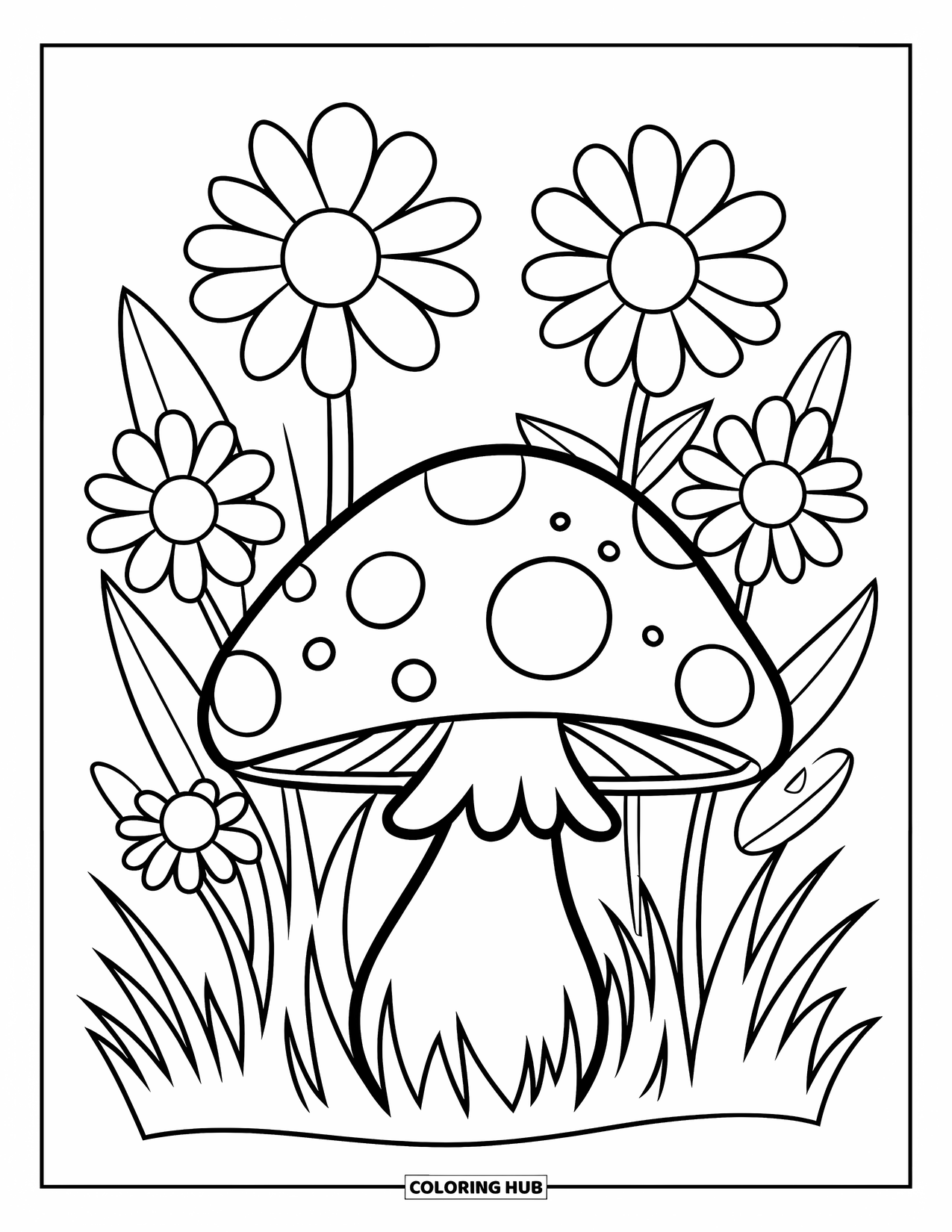Desen de colorat cu ciuperci pentru copii: O ciupercă cu margarete și iarbă într-o scenă veselă