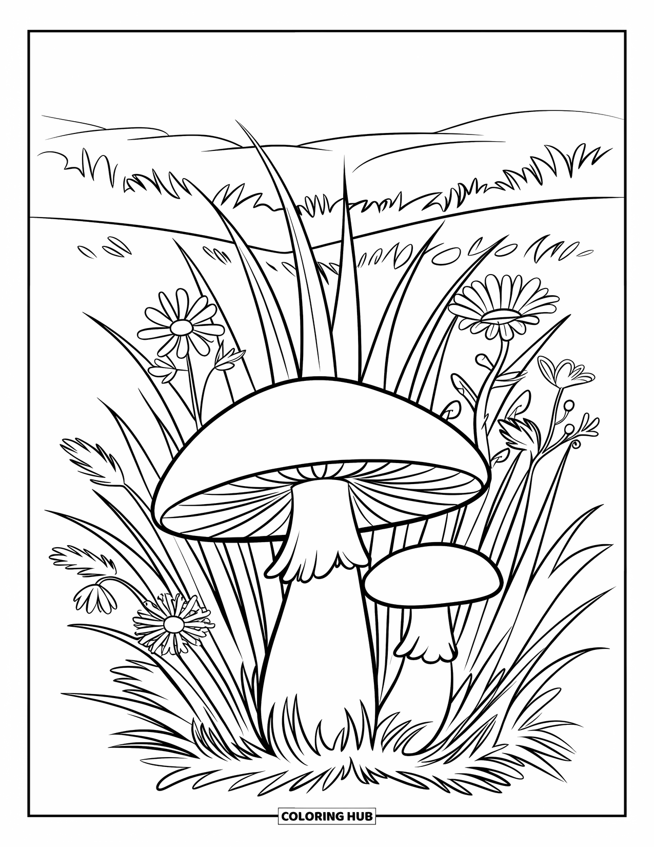 Desen de colorat cu ciuperci pentru copii: O ciupercă cu flori și iarbă înaltă în jur