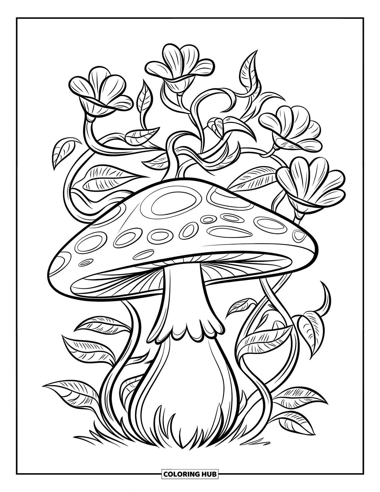 Desen de colorat cu ciuperci pentru copii: O ciupercă cu flori și liane răsucite