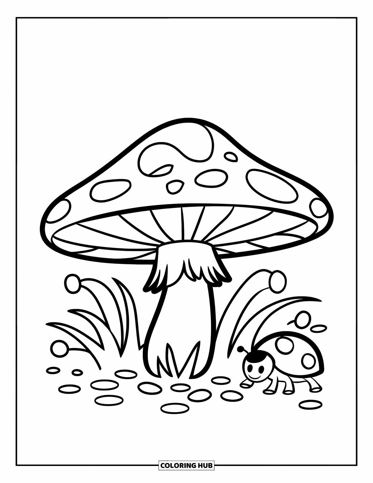 Desen de colorat cu ciuperci pentru copii: O ciupercă cu iarbă și o buburuză mică în apropiere