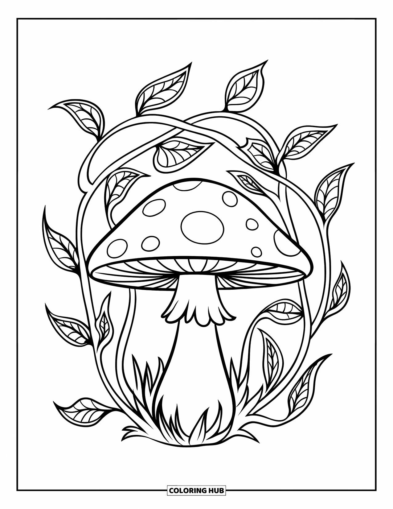 Desen de colorat cu ciuperci pentru copii: O ciupercă cu liane și frunze împletite
