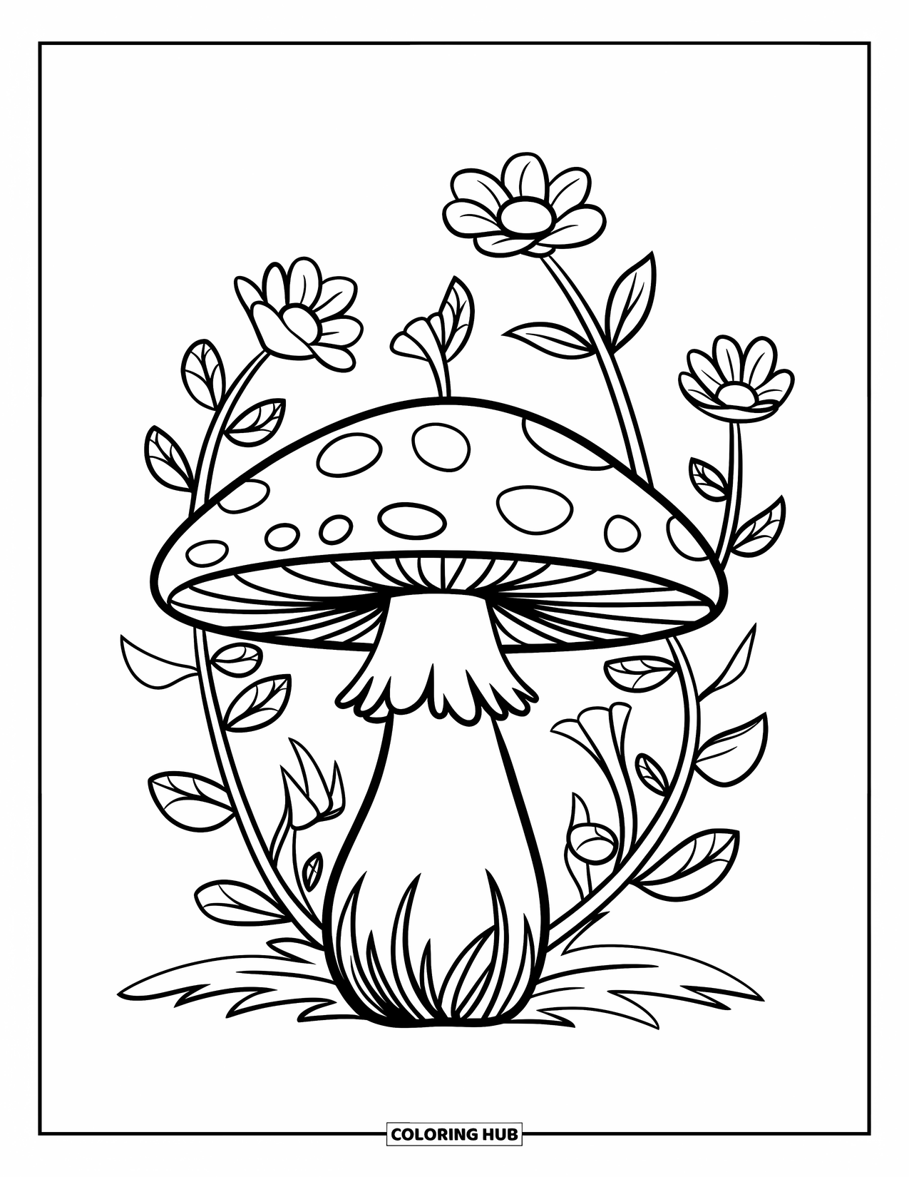 Desen de colorat cu ciuperci pentru copii: O ciupercă cu liane și flori complicate