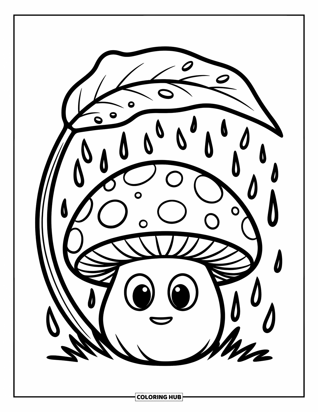 Desen de colorat cu ciuperci pentru copii: O ciupercă cu picături de ploaie pe o frunză curbată deasupra