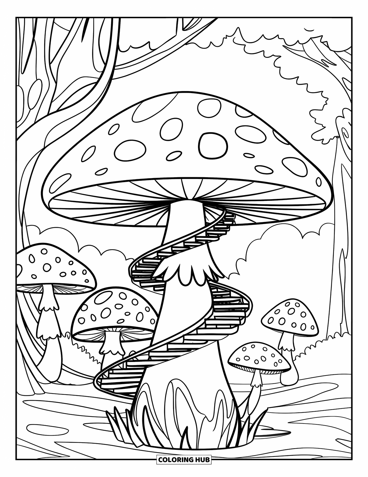 Desen de colorat cu ciuperci pentru copii: O ciupercă cu scări care urcă în spirală pe tulpina sa, într-o pădure magică