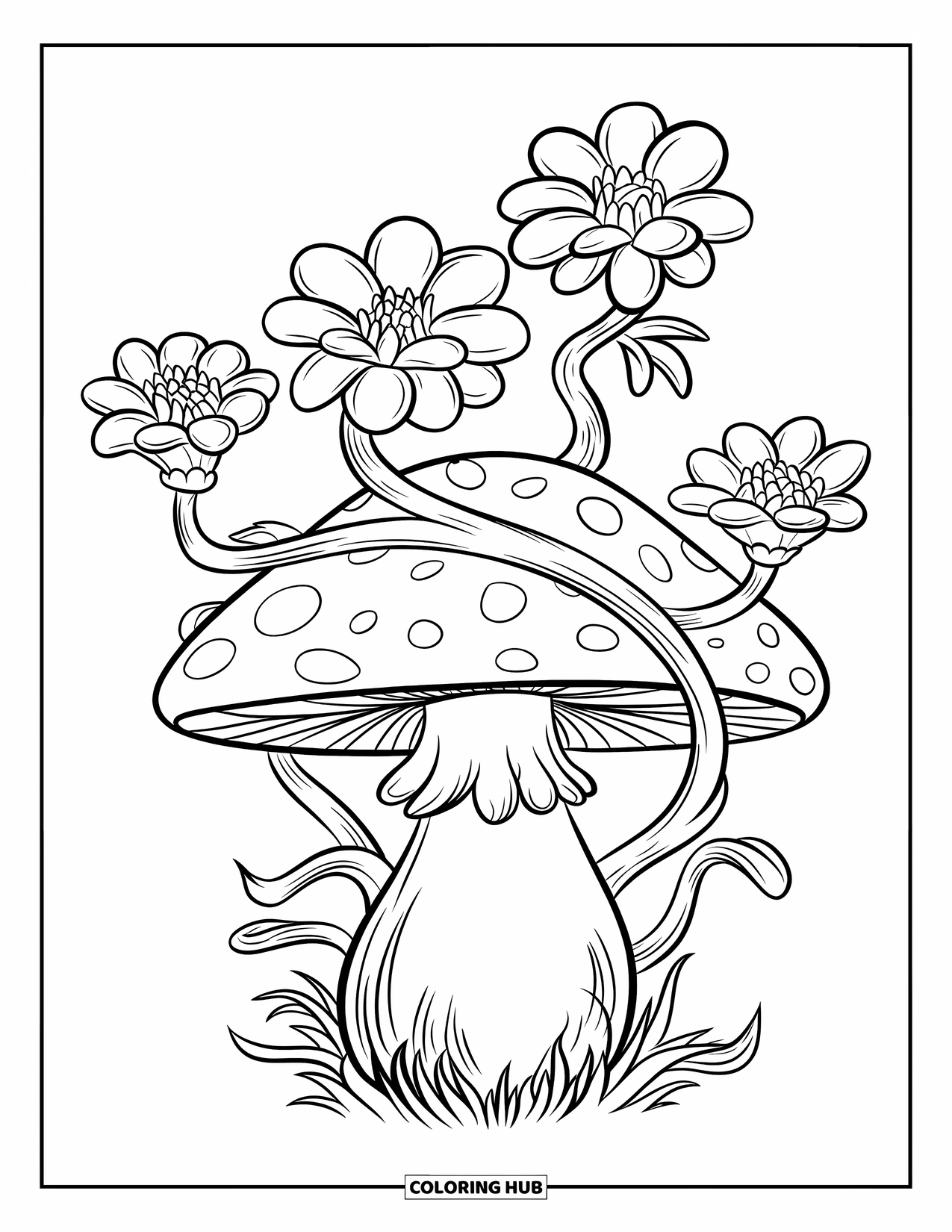 Desen de colorat cu ciuperci pentru copii: O ciupercă cu liane și flori înflorite