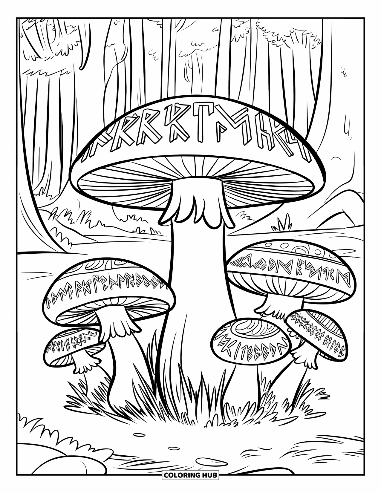 Desen de colorat cu ciuperci pentru copii: Un inel de ciuperci cu rune antice