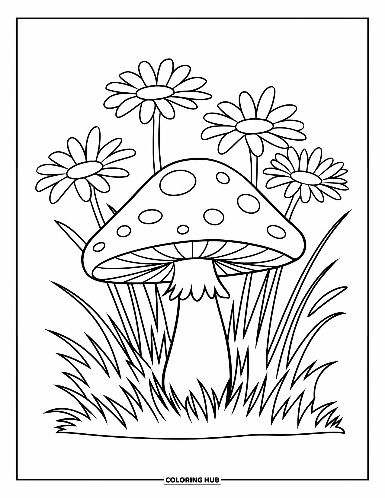 Desen de colorat cu ciuperci pentru copii: O ciupercă simplă cu margarete și iarbă în jur