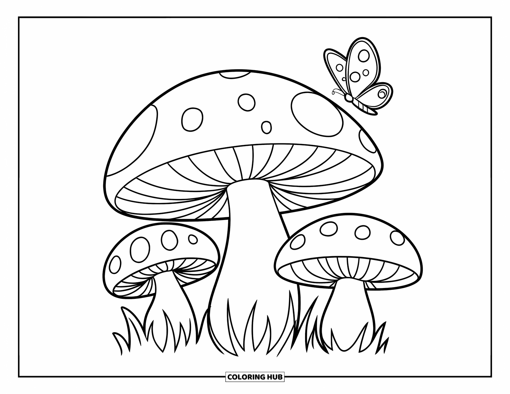 Desen de colorat cu ciuperci pentru copii: O familie mică de ciuperci cu un fluture rătăcitor