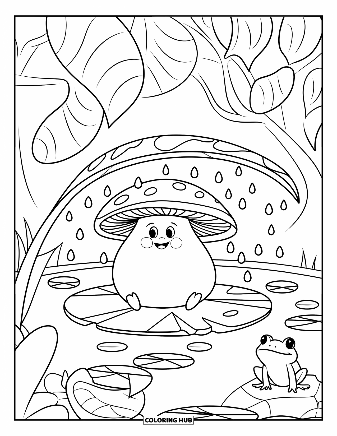 Desen de colorat cu ciuperci pentru copii: O ciupercă zâmbitoare sub o frunză cu picături de ploaie