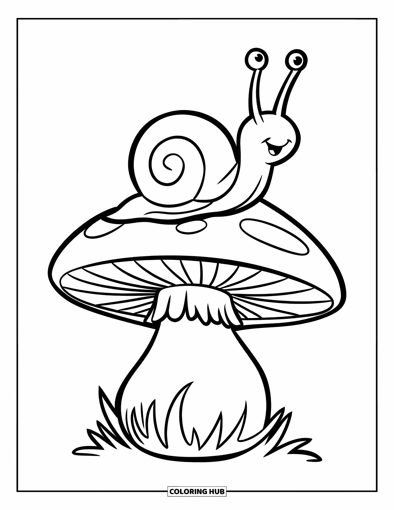 Desen de colorat cu ciuperci pentru copii: Un melc cu o cochilie spiralată pe o ciupercă mare