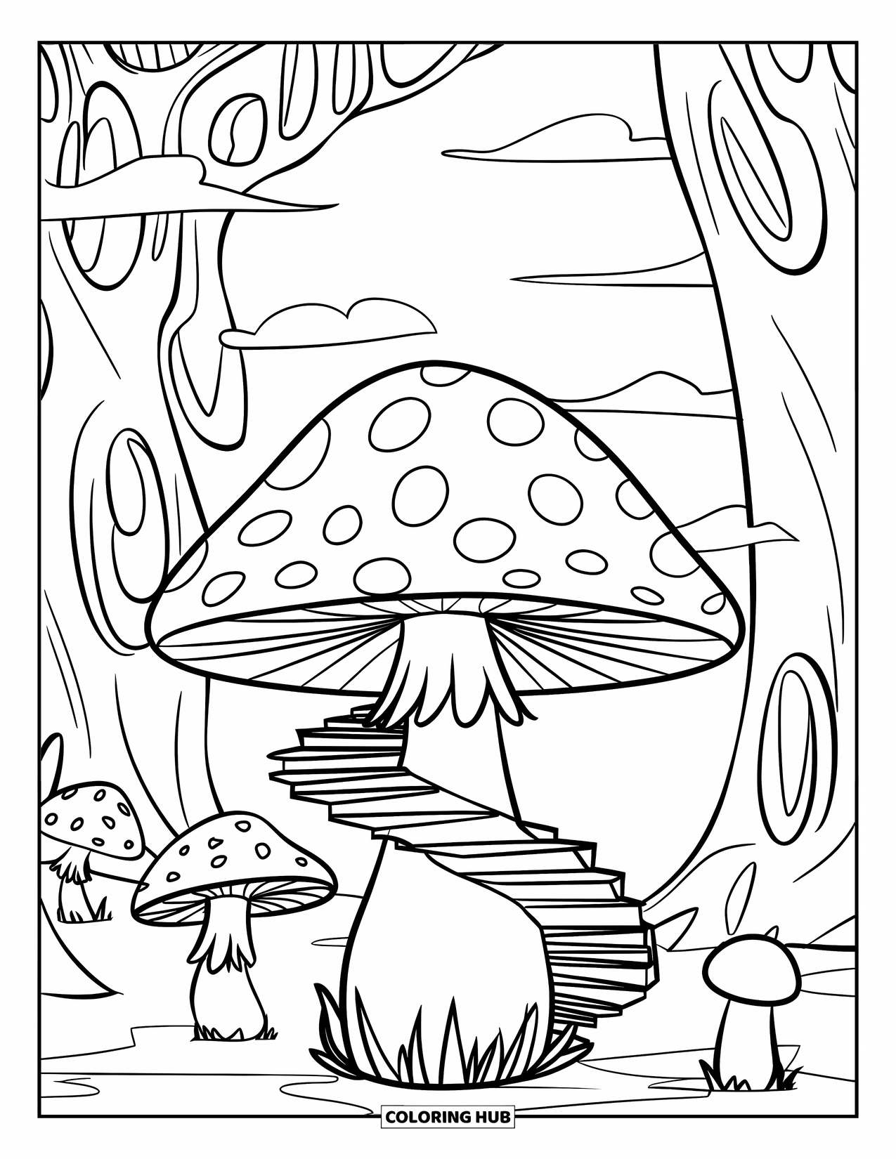 Desen de colorat cu ciuperci pentru copii: O scară spiralată înfășurată în jurul unei ciuperci într-o pădure