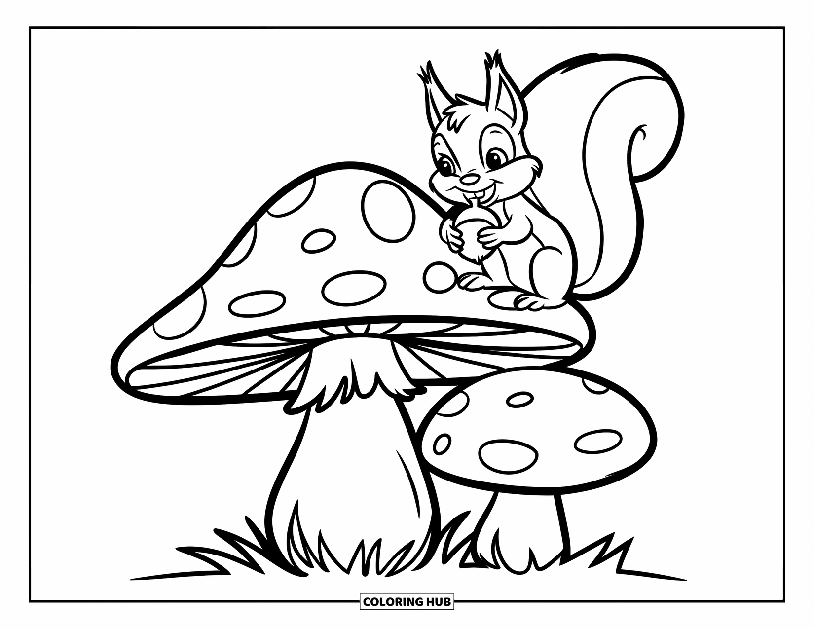 Desen de colorat cu ciuperci pentru copii: O veveriță ținând o ghindă lângă o ciupercă