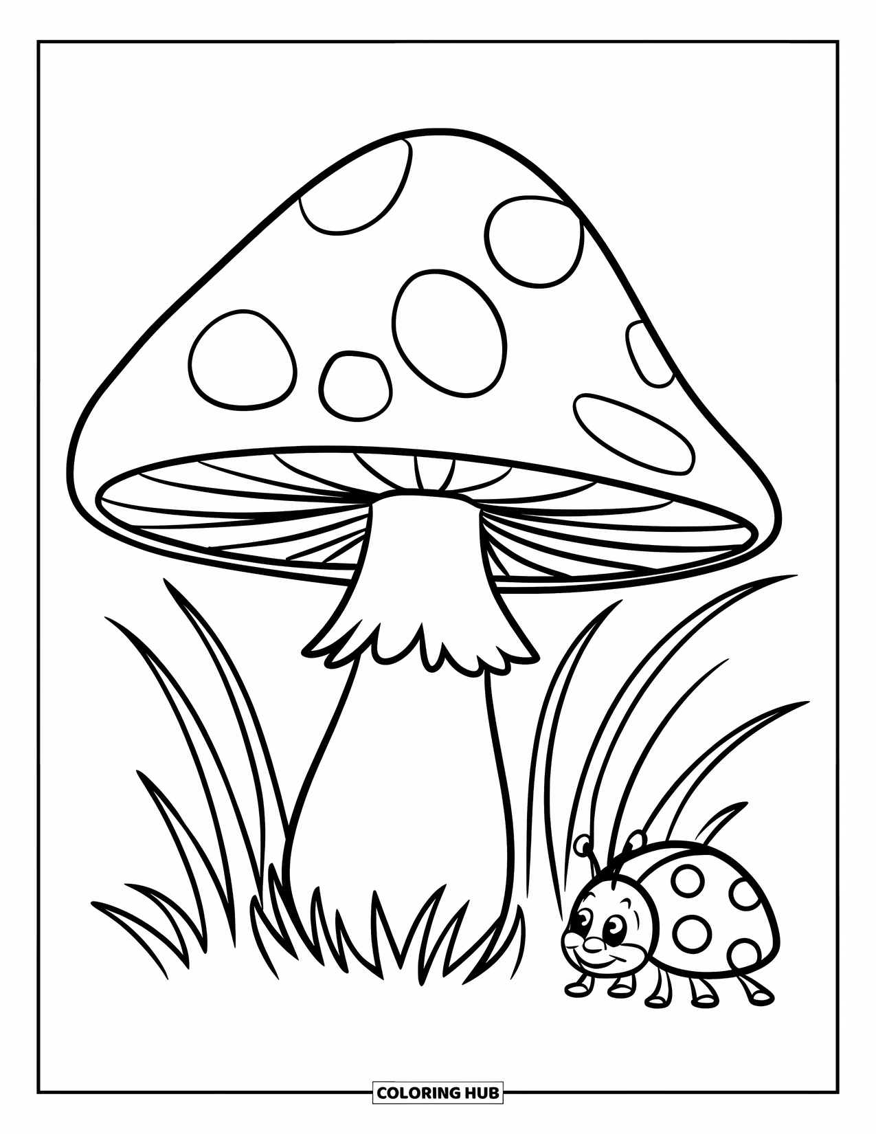 Desen de colorat cu ciuperci pentru copii: O buburuză mică explorând o ciupercă înconjurată de iarbă