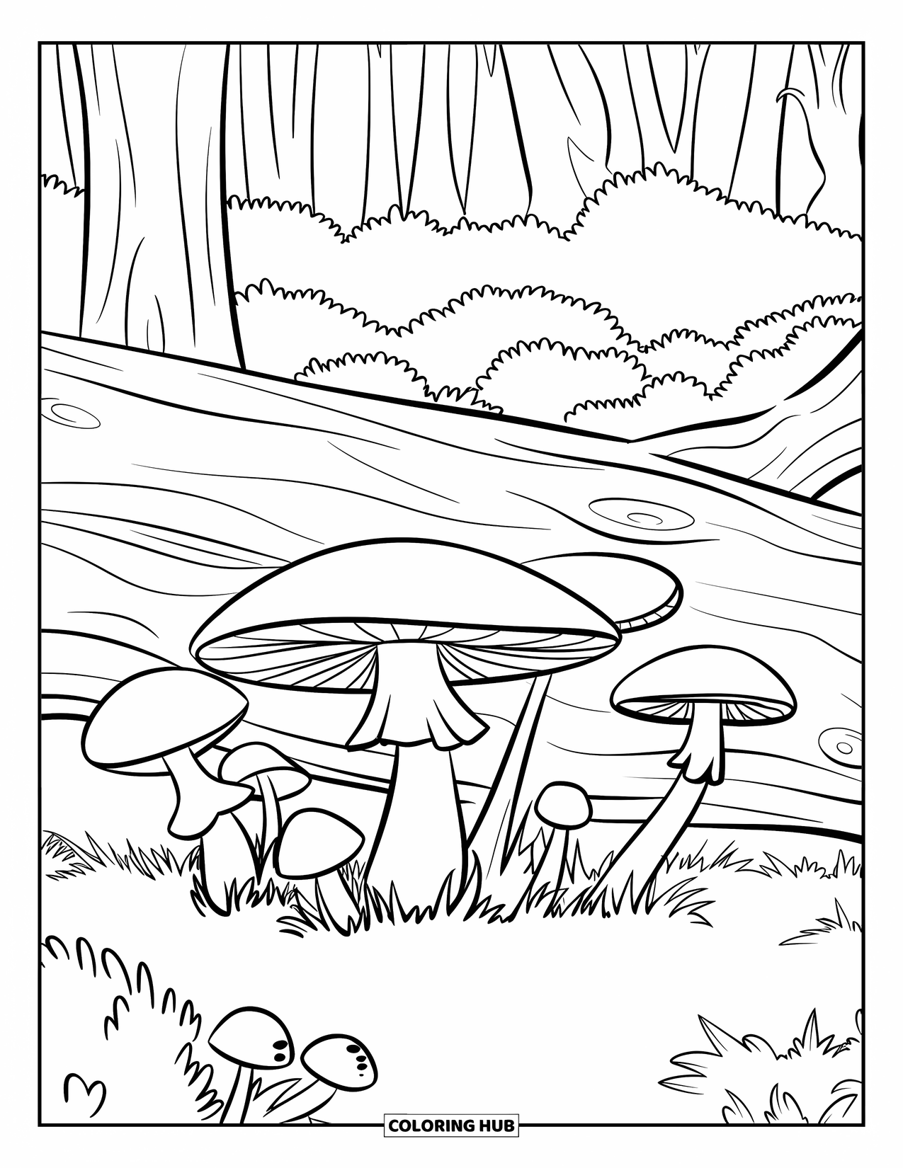 Desen de colorat cu ciuperci pentru copii: Un trunchi de copac cu ciuperci crescând în jurul lui