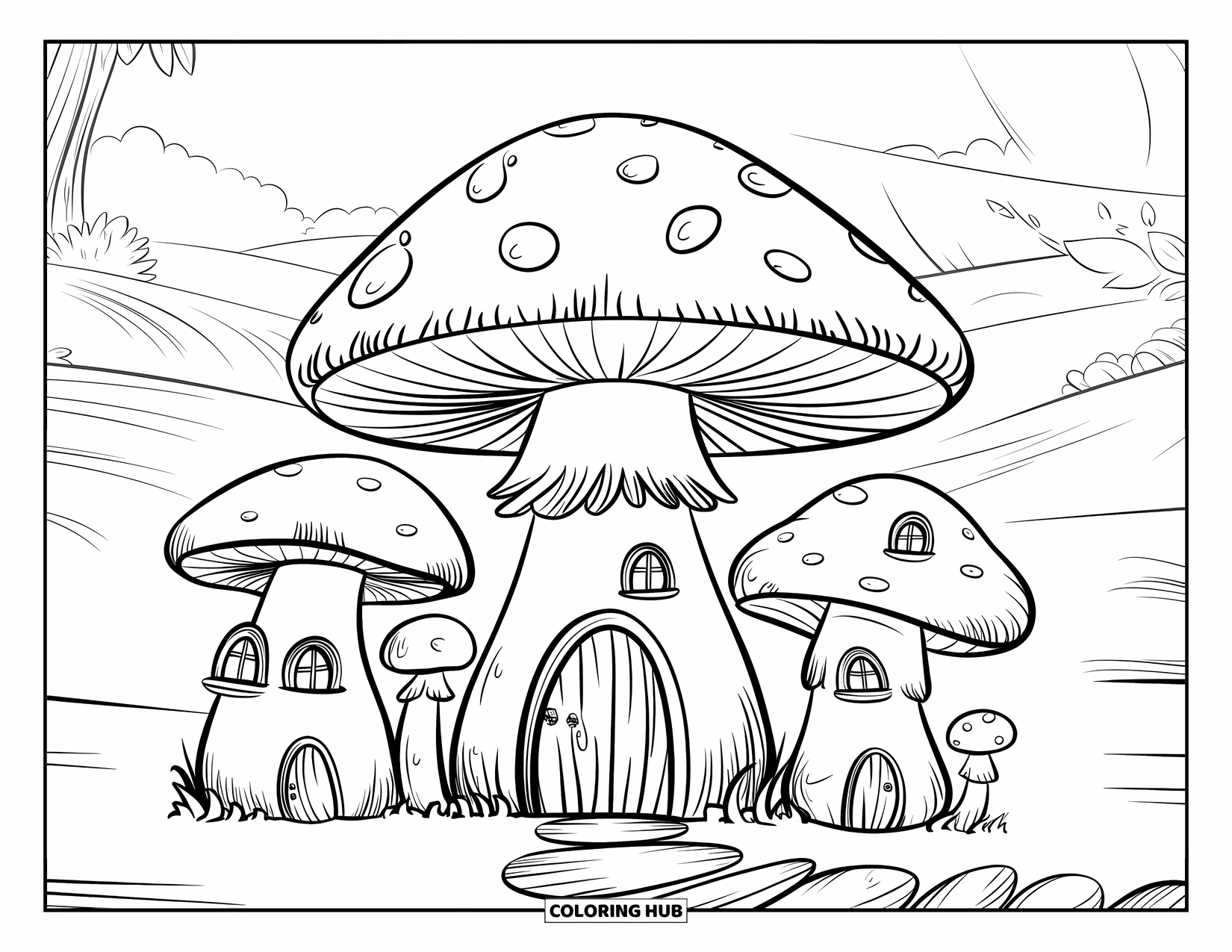 Desen de colorat cu ciuperci pentru copii: Un sat de ciuperci cu uși și poteci mici