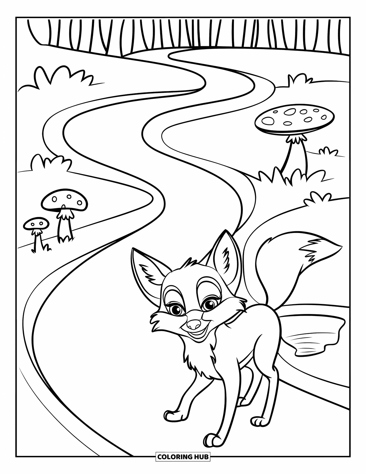Desen de colorat cu ciuperci pentru copii: O potecă șerpuită cu trei ciuperci și o vulpe curioasă