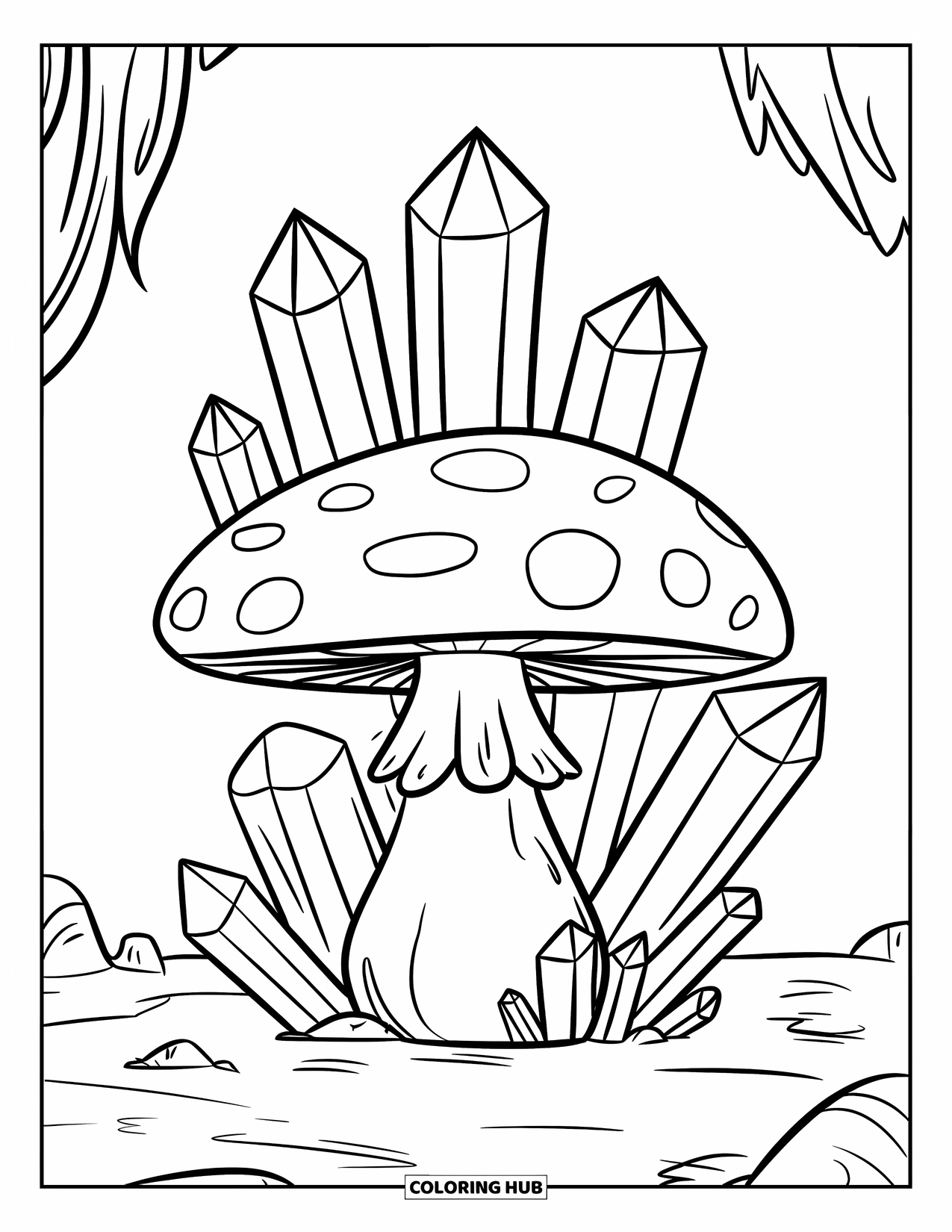 Desen de colorat cu ciuperci pentru copii: Cristale crescând în jurul unei ciuperci mari