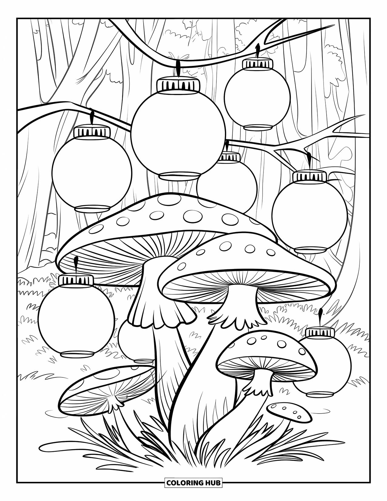Desen de colorat cu ciuperci pentru copii: Felinare strălucitoare într-o dumbravă de ciuperci de diferite dimensiuni