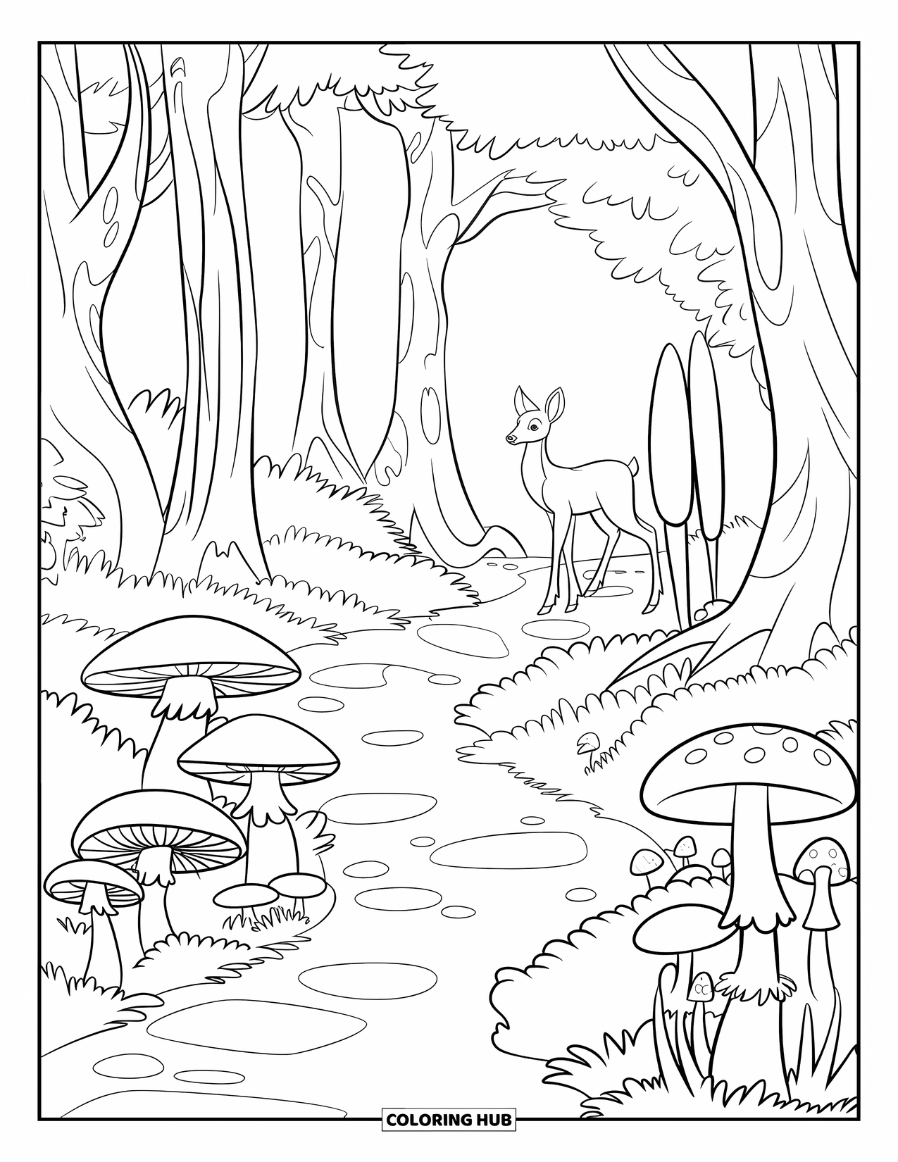 Desen de colorat cu ciuperci pentru copii: Ciuperci de-a lungul unei poteci cu un cerb în depărtare