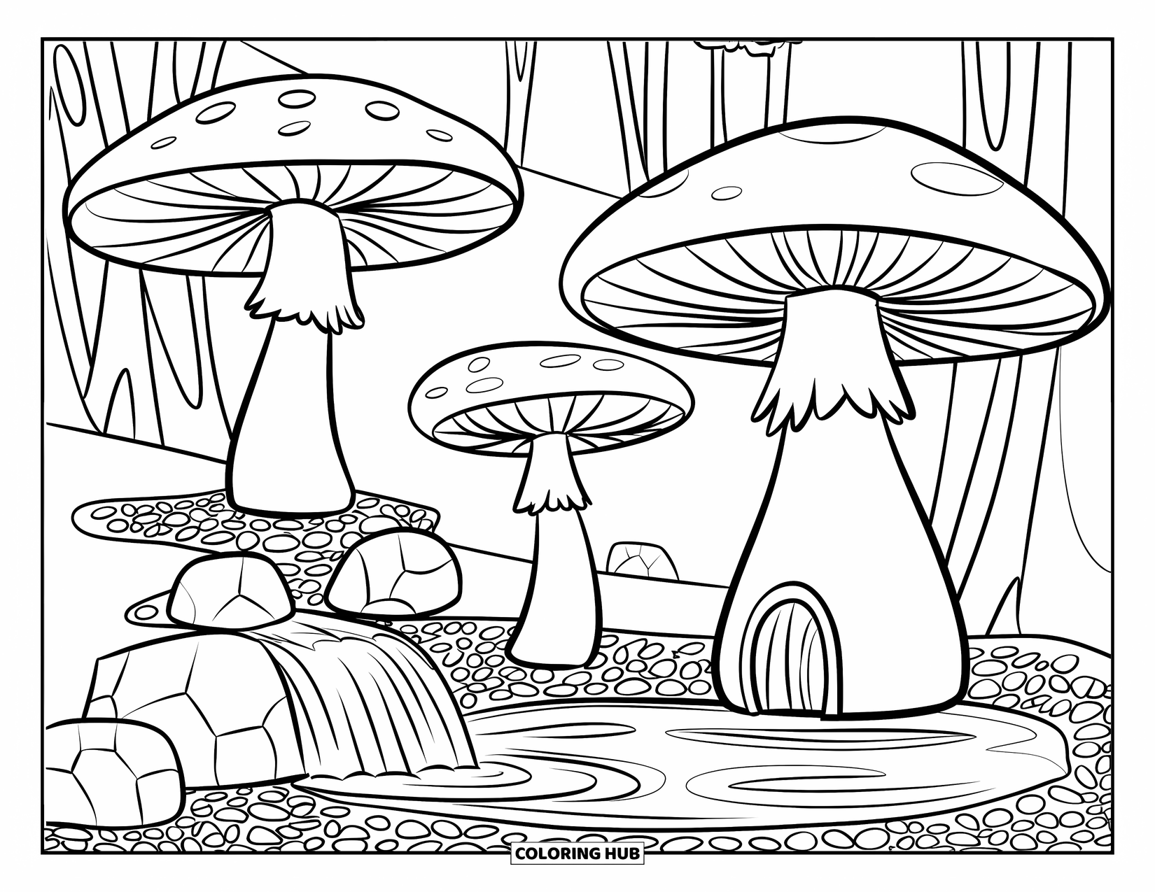Desen de colorat cu ciuperci pentru copii: Ciuperci și o cascadă mică înconjurată de pietricele
