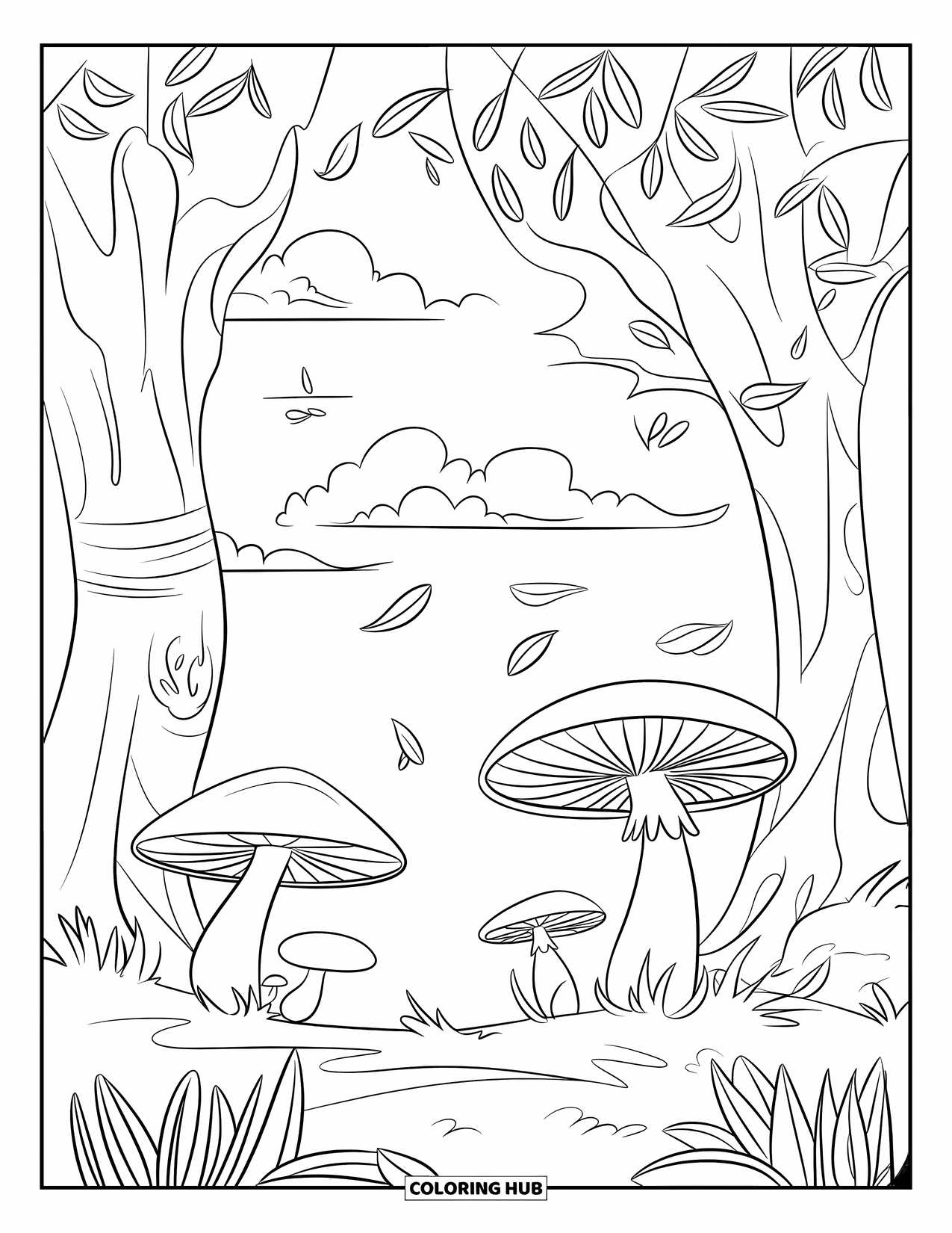Desen de colorat cu ciuperci pentru copii: Ciuperci și frunze suflând într-o briză blândă