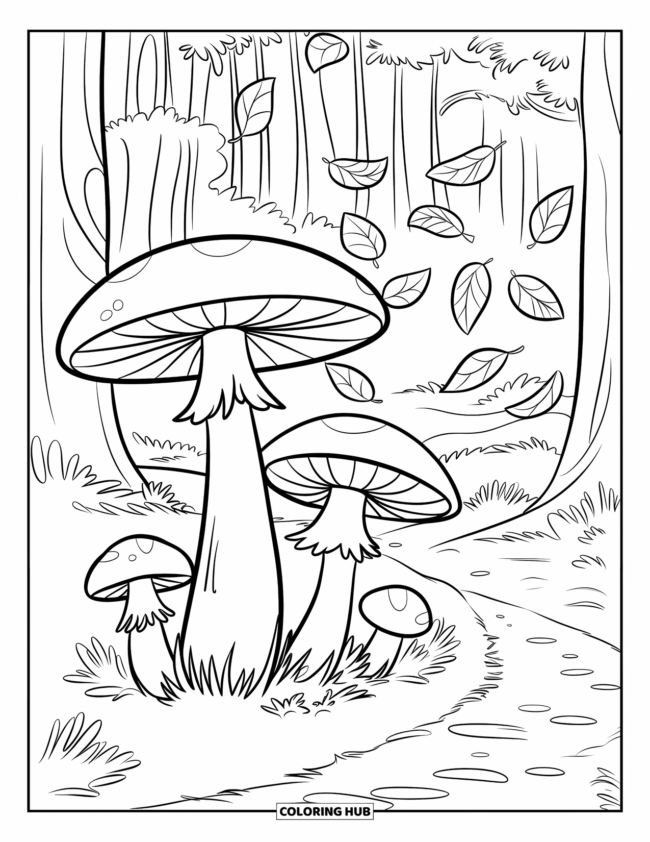 Desen de colorat cu ciuperci pentru copii: Ciuperci și frunze împrăștiate într-o pădure bântuită de vânt