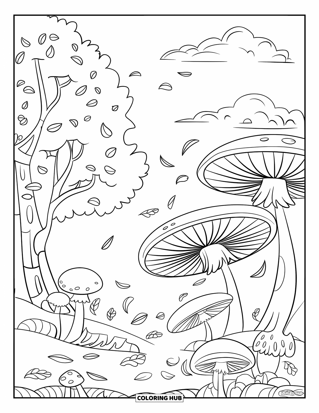 Desen de colorat cu ciuperci pentru copii: Ciuperci și copaci cu frunze plutind în vânt