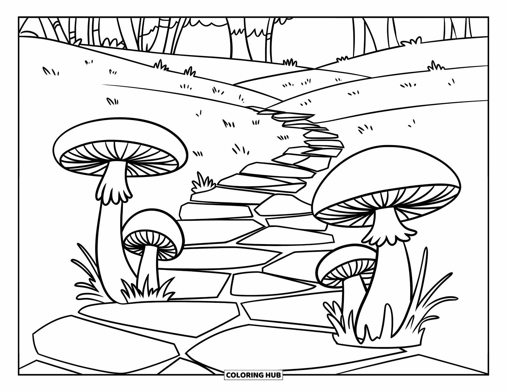 Desen de colorat cu ciuperci pentru copii: Ciuperci în jurul unei poteci de piatră crăpată cu copaci