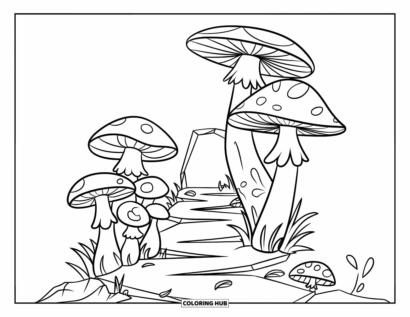 Desen de colorat cu ciuperci pentru copii: Ciuperci lângă o potecă crăpată care duce la o deschidere întunecată
