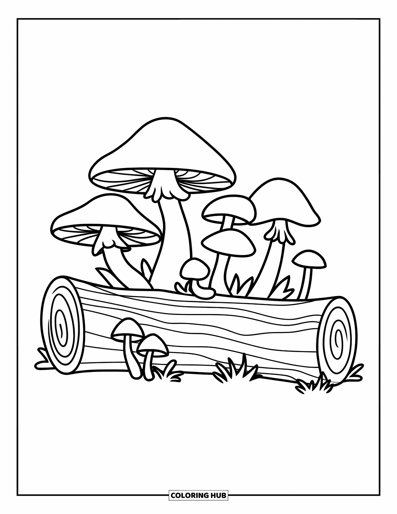 Desen de colorat cu ciuperci pentru copii: Ciuperci lângă un trunchi căzut într-un cadru de pădure