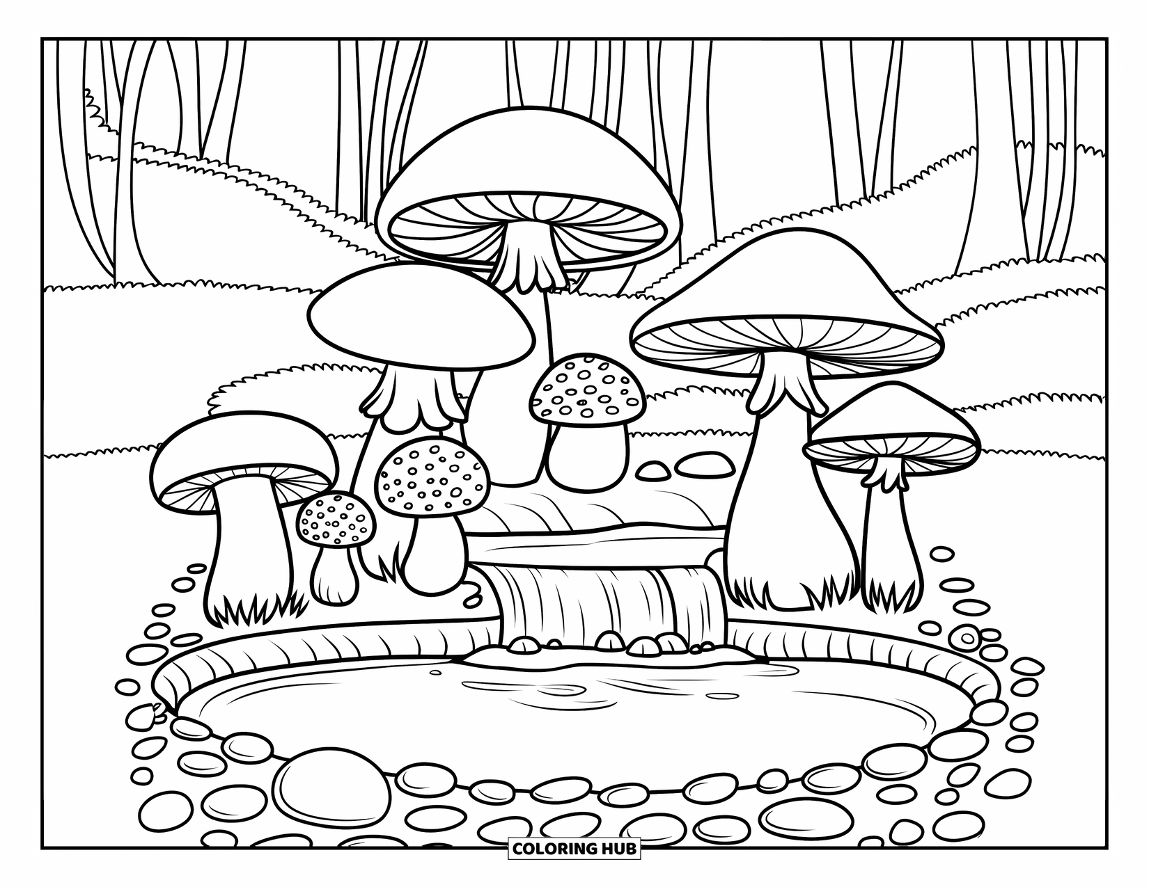 Desen de colorat cu ciuperci pentru copii: Ciuperci lângă o cascadă mică cu pietricele netede