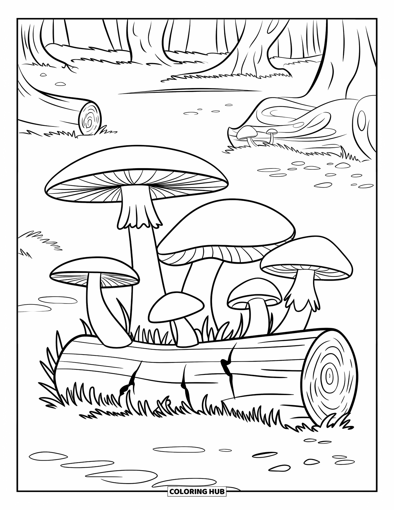 Desen de colorat cu ciuperci pentru copii: Ciuperci crescând în jurul unui trunchi de copac căzut