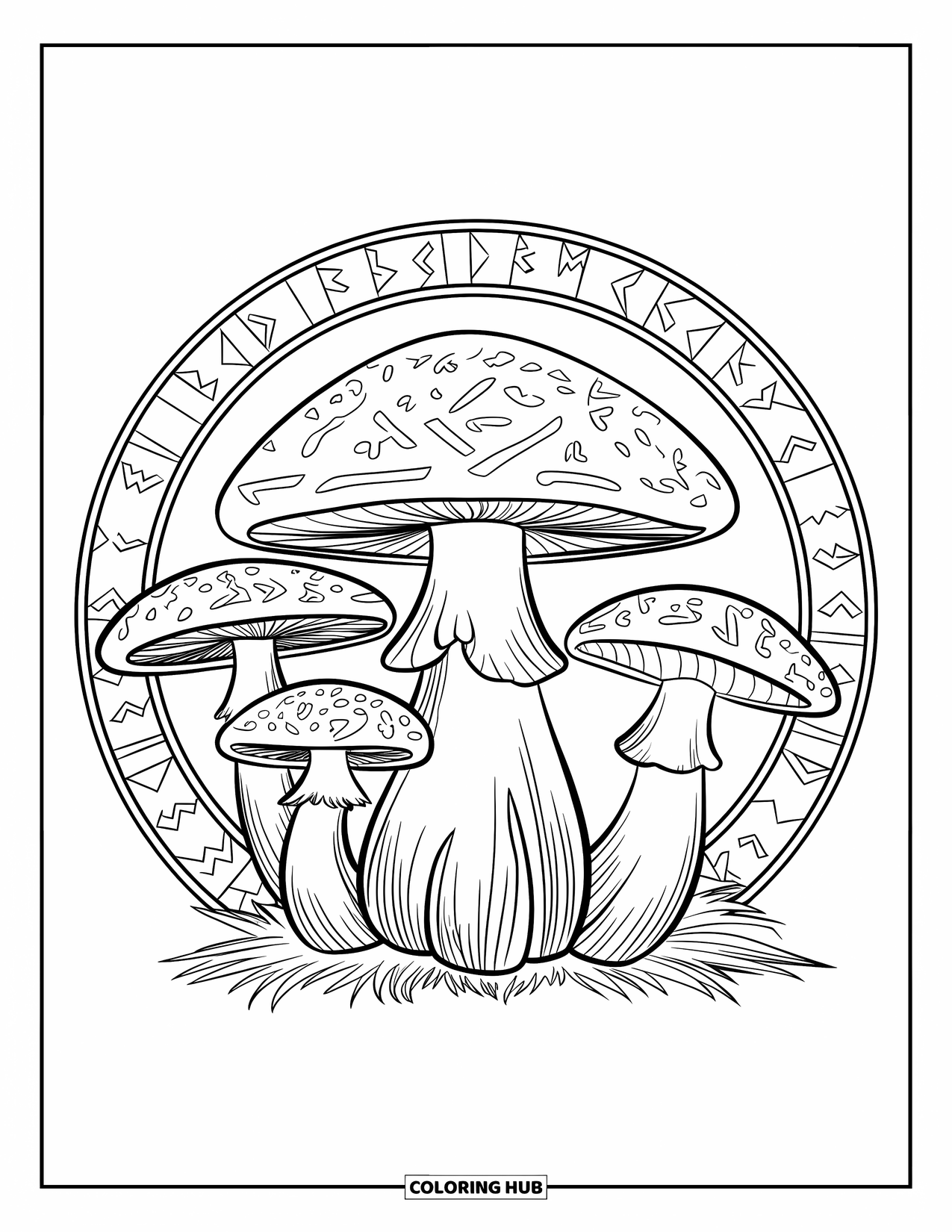 Desen de colorat cu ciuperci pentru copii: Ciuperci într-un cerc cu rune sculptate