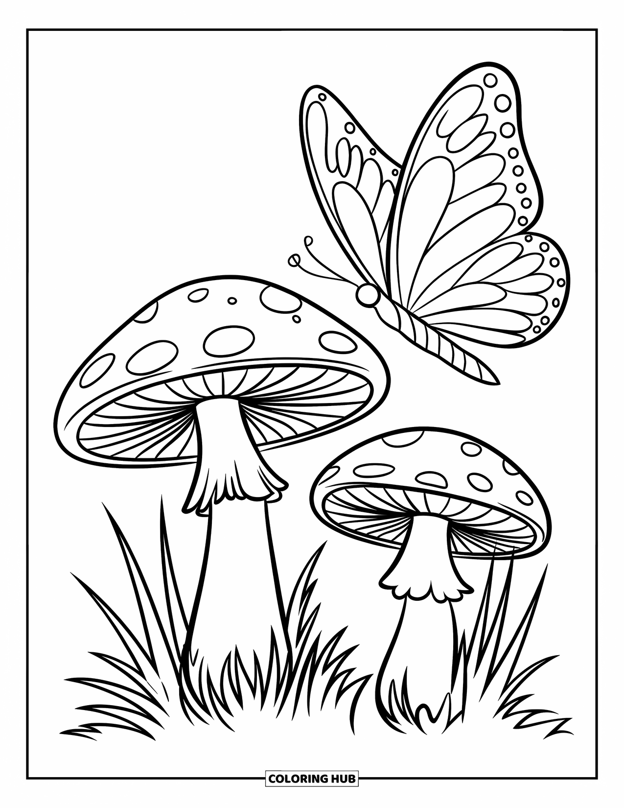Desen de colorat cu ciuperci pentru copii: Ciuperci una lângă alta cu un fluture în apropiere