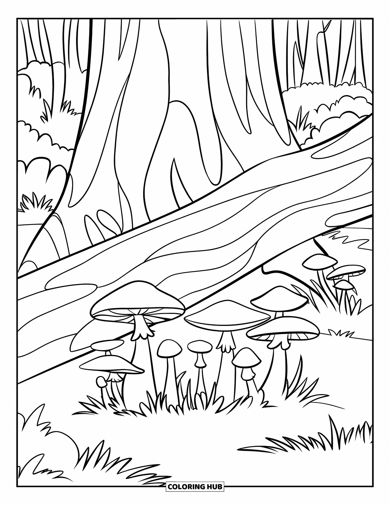 Desen de colorat cu ciuperci pentru copii: Ciuperci înconjurând un trunchi căzut într-o pădure