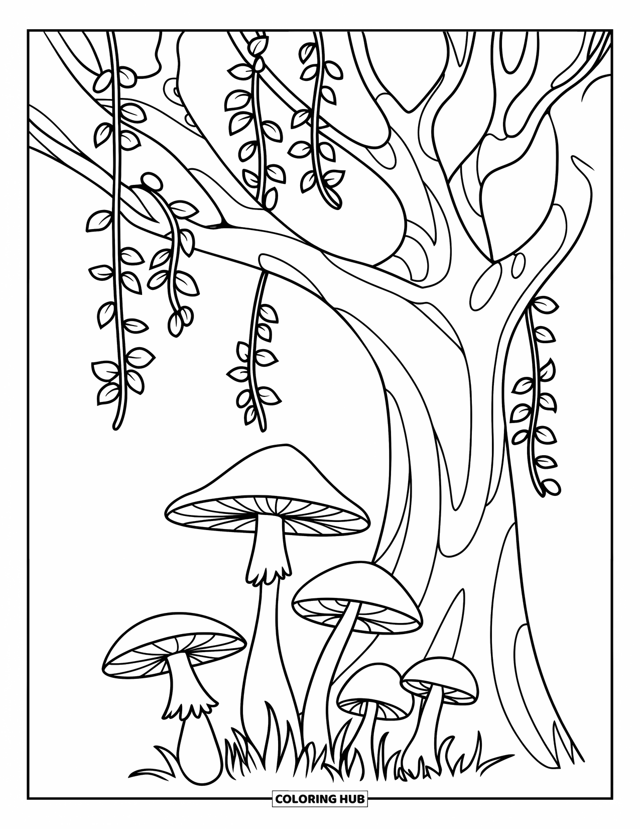 Desen de colorat cu ciuperci pentru copii: Ciuperci sub un copac cu liane atârnate