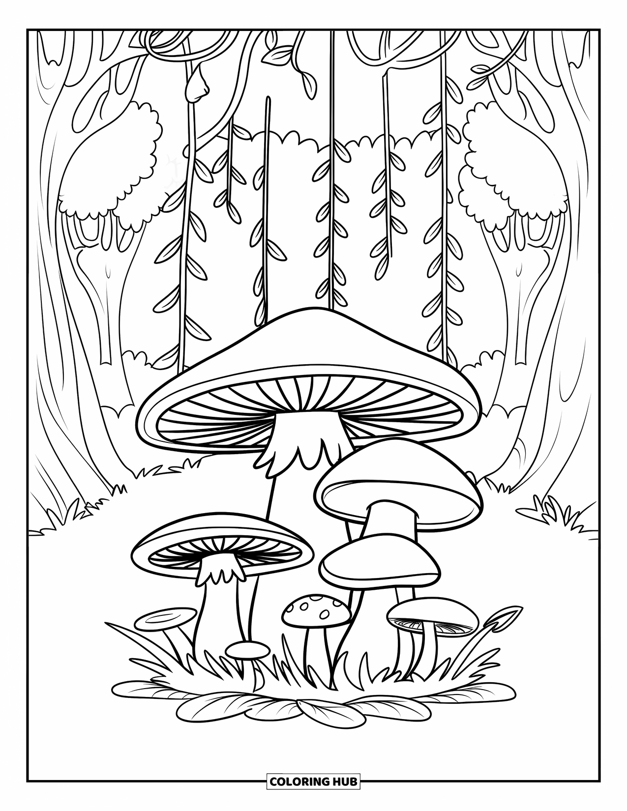 Desen de colorat cu ciuperci pentru copii: Ciuperci sub un copac cu liane lungi