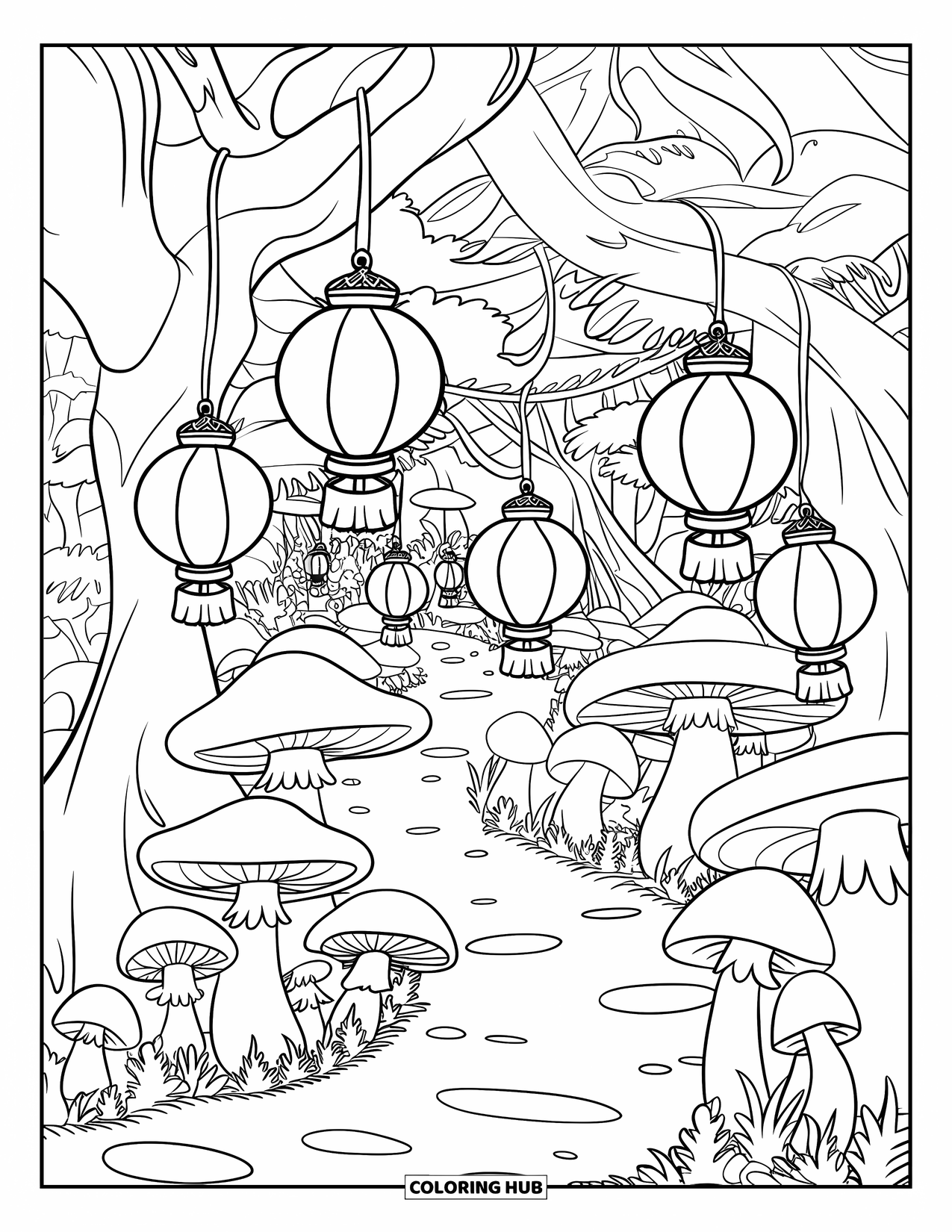 Desen de colorat cu ciuperci pentru copii: Ciuperci cu felinare strălucitoare și o potecă șerpuită