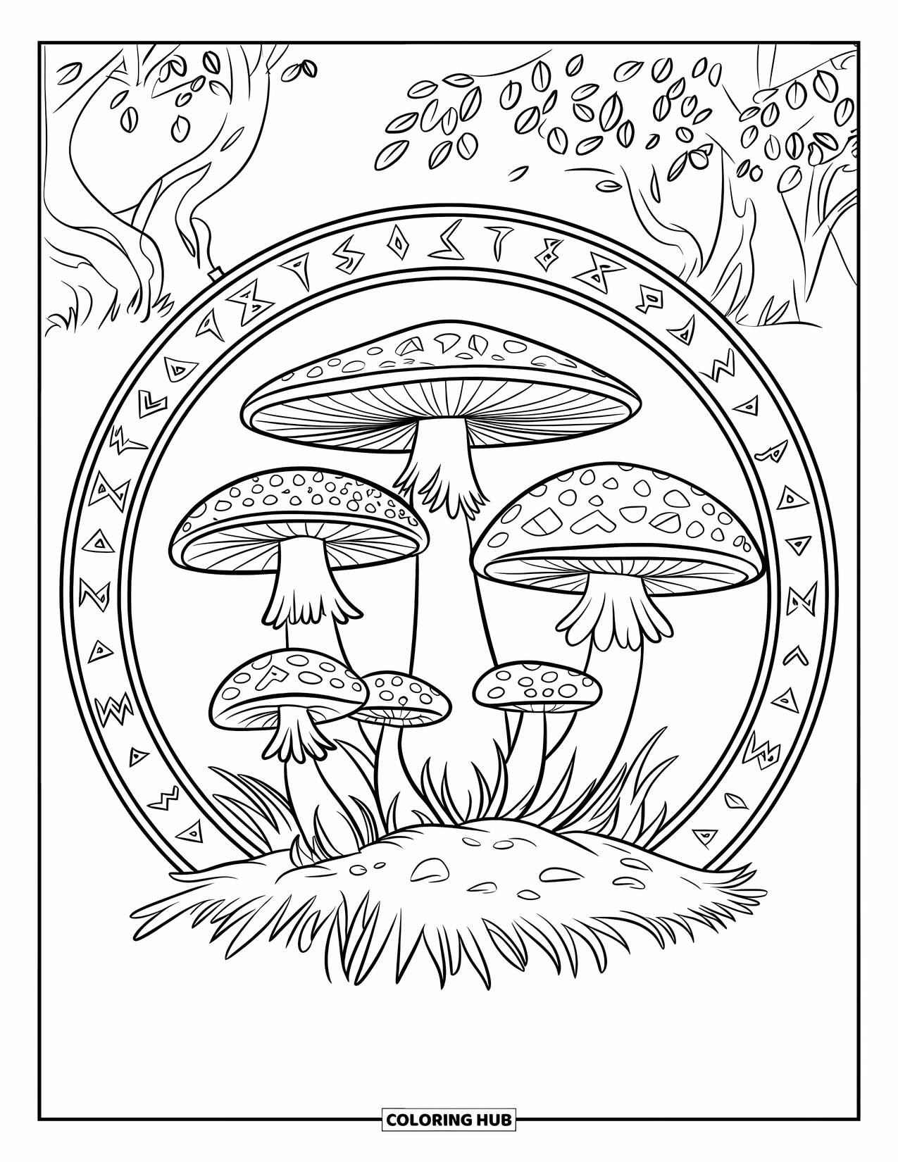 Desen de colorat cu ciuperci pentru copii: Ciuperci cu rune sculptate în pălăriile lor