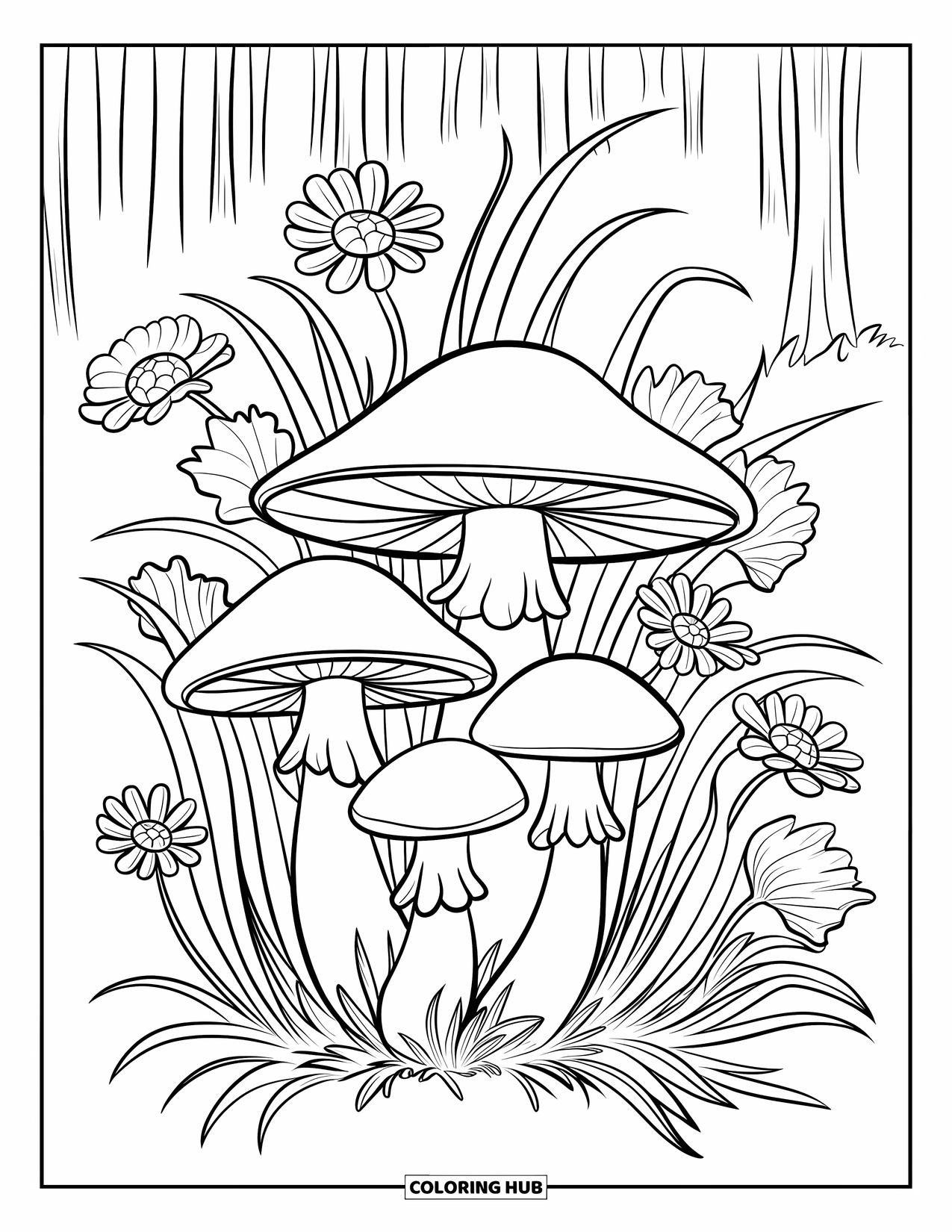Desen de colorat cu ciuperci pentru copii: Ciuperci cu iarbă înaltă și flori înflorite